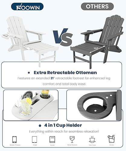 Miniatura 4 de FOOWIN Silla Adirondack plegable ajustable con otomana retráctil, silla Adirondack de polietileno de alta densidad con bandejas 4 en 1, resistente a