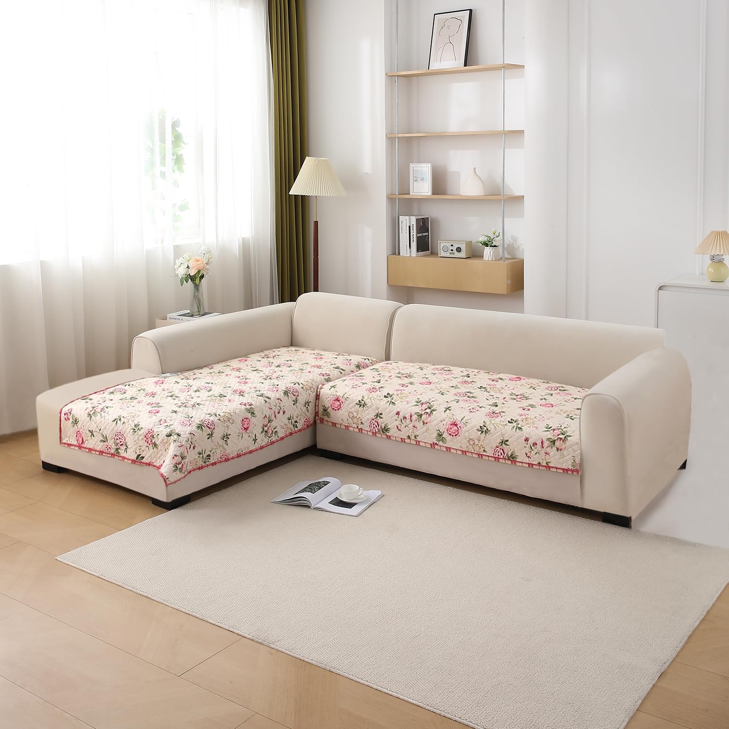 HOKIPO 'HomeHues Series' Printed Quilted L Shape (2+2 Seater) Sofa Cover Seat Mat, Beige Peonies (IN-807-D3 + IN-808-D3)