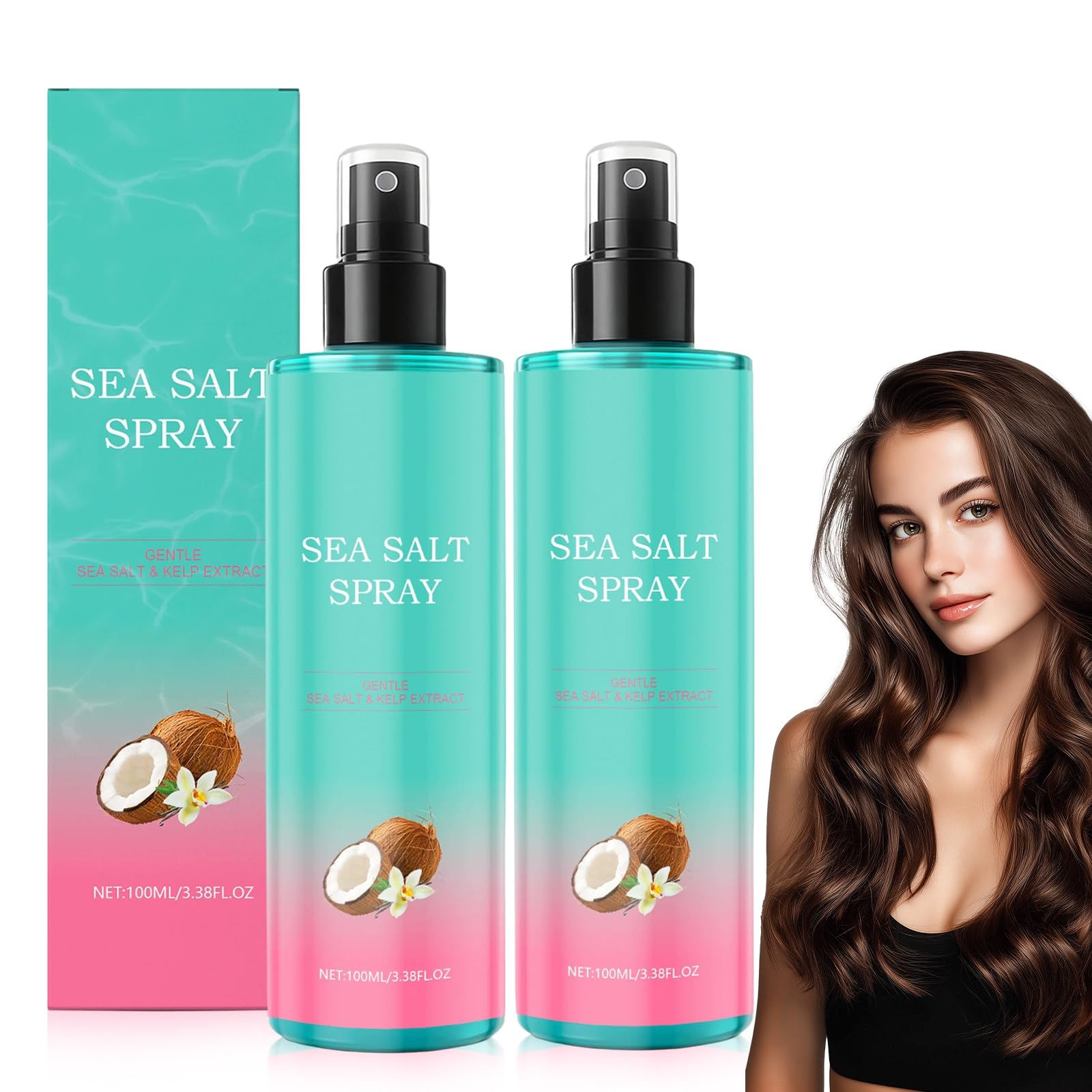 2 Pièces Sea Salt Spray, 100ml Spray Cheveux Sel de Mer avec Sel Marin Naturel pour Volume, Brillant & Tenue Flexible, Texturisant Cheveux pour Boucles et Vagues Beach, Finition Mate, Unisexe