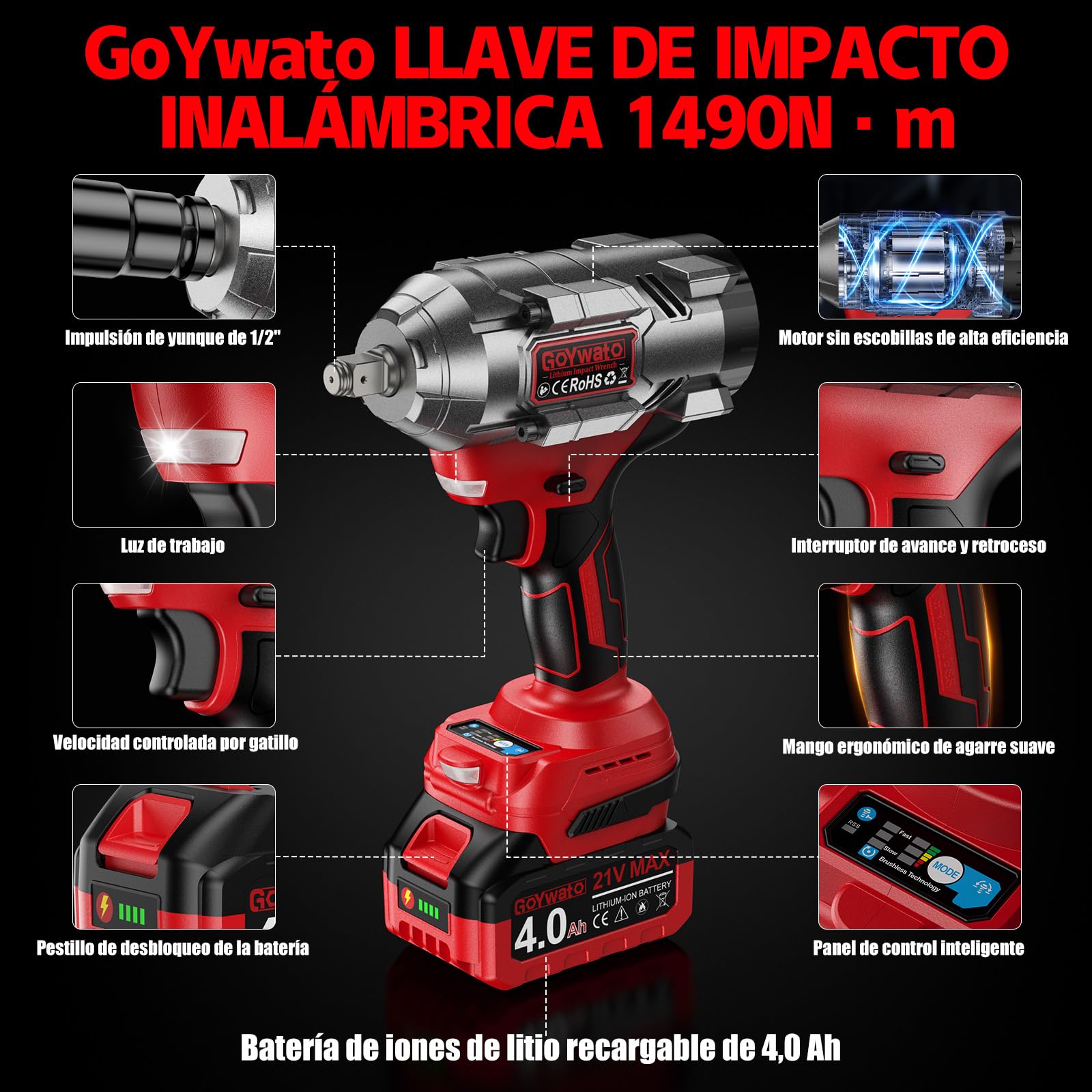 1490Nm Llave de Impacto Inalámbrica con 2 Batería 4.0Ah & 6 Enchufes, Rojo