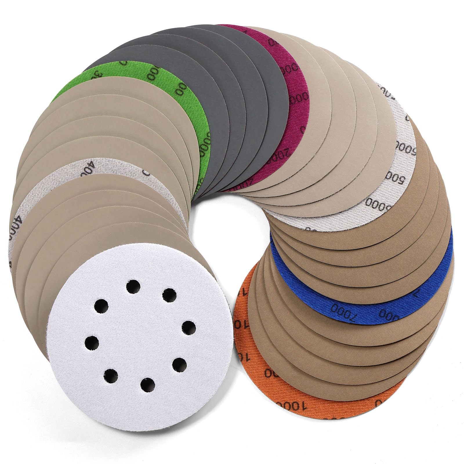 POLIWELL 5 Inch Sanding Discs Hook and Loop 8 Hole Heavy Duty Silicon Carbide Sandpaper 2000 3000 4000 5000 7000 10000 Grit with Interface Pad for Wet/Dry Sanding Grinder Polishing,30 Pack-picture-32