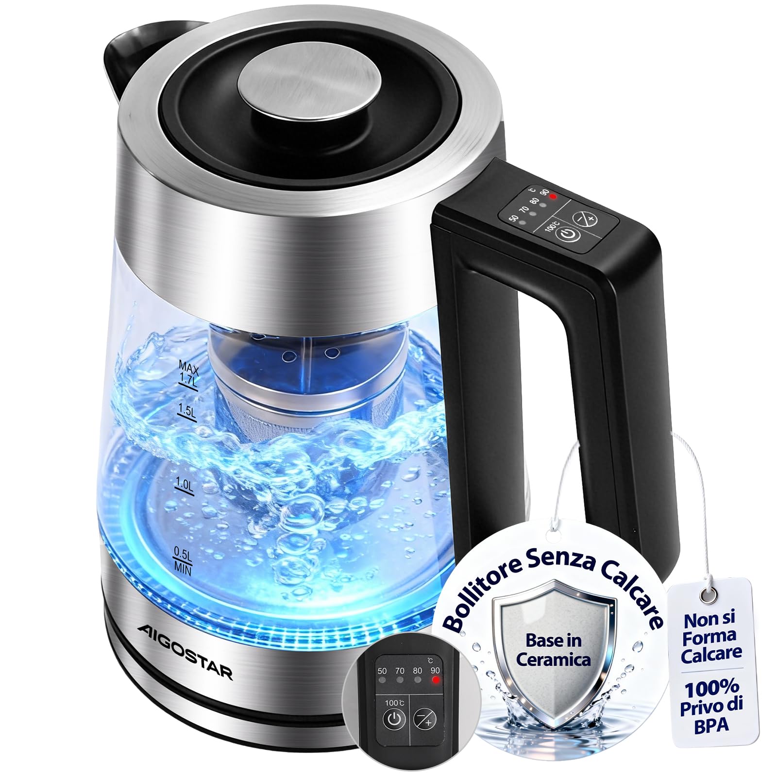 Aigostar Bollitore Elettrico Temperatura Regolabile, Senza BPA Rivestimento Ceramico | Rivestimento Ceramico Anticalcare, 1,7 Litri, 2200 Watt, Teiera Elettrica con Infusore, Funzione di Mantenimento Calore