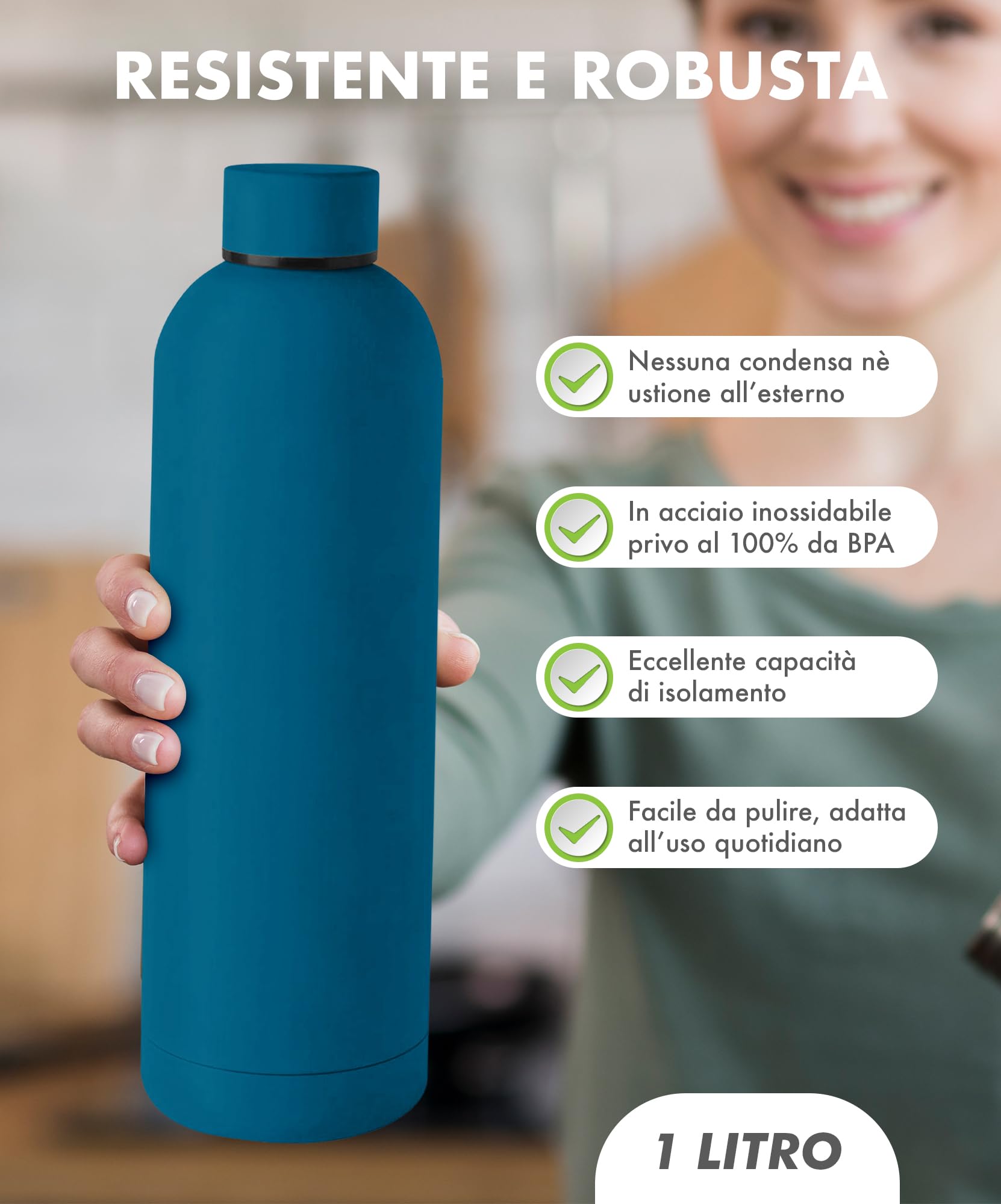 Borraccia Termica Grande 1 Litro Bottiglia Acciaio Inox Inossidabile Doppio Strato 1000 Ml Tappo Antigoccia Doppia Camera Bevande Calde Fredde Termos Sistema Sottovuoto Rivestimento Soft Touch - Blu