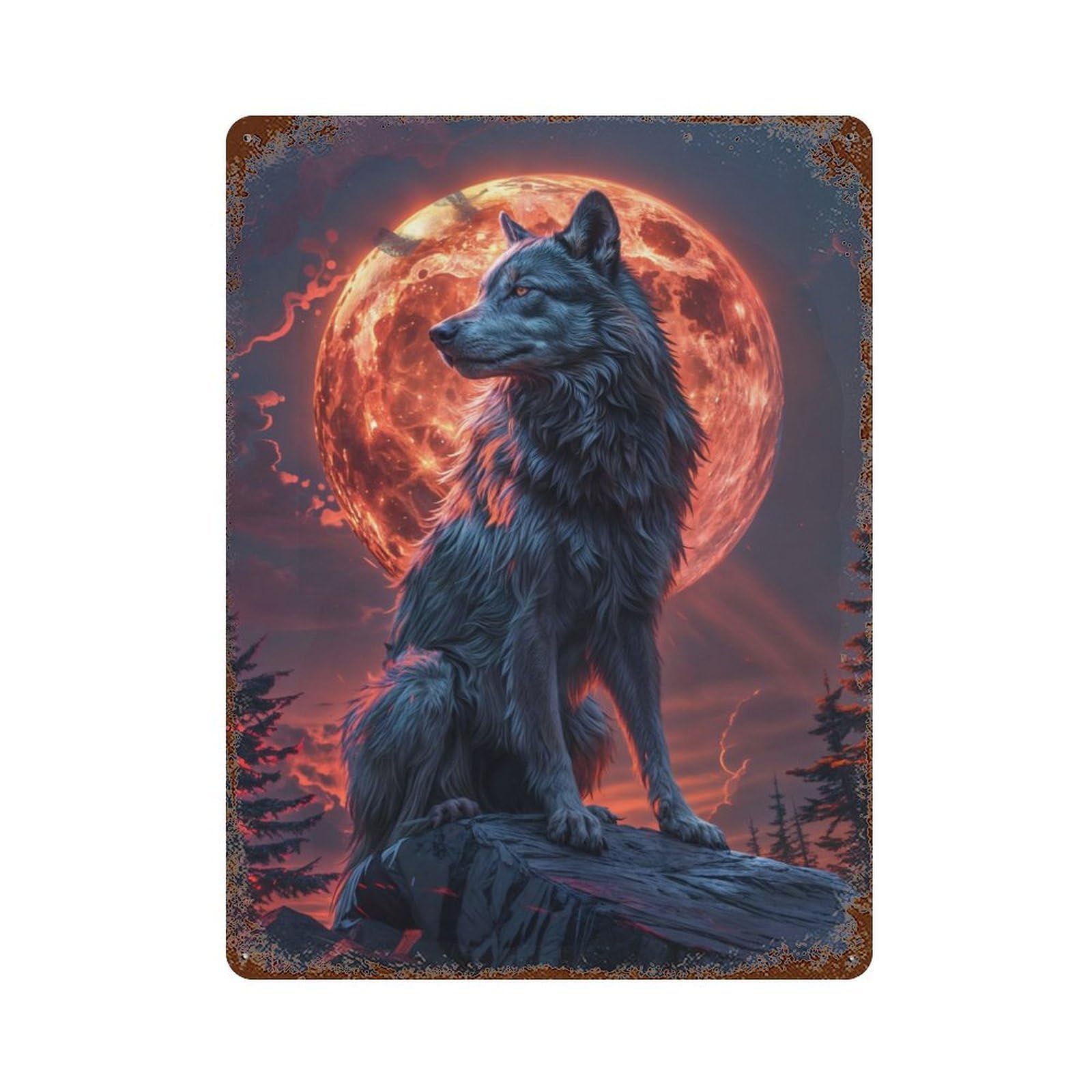 Lone Wolf And Blood Moon 15.7"x11.8" Rust Effect Tin Sign, Rustic Home Decor for Office, Studio And Wall Decor