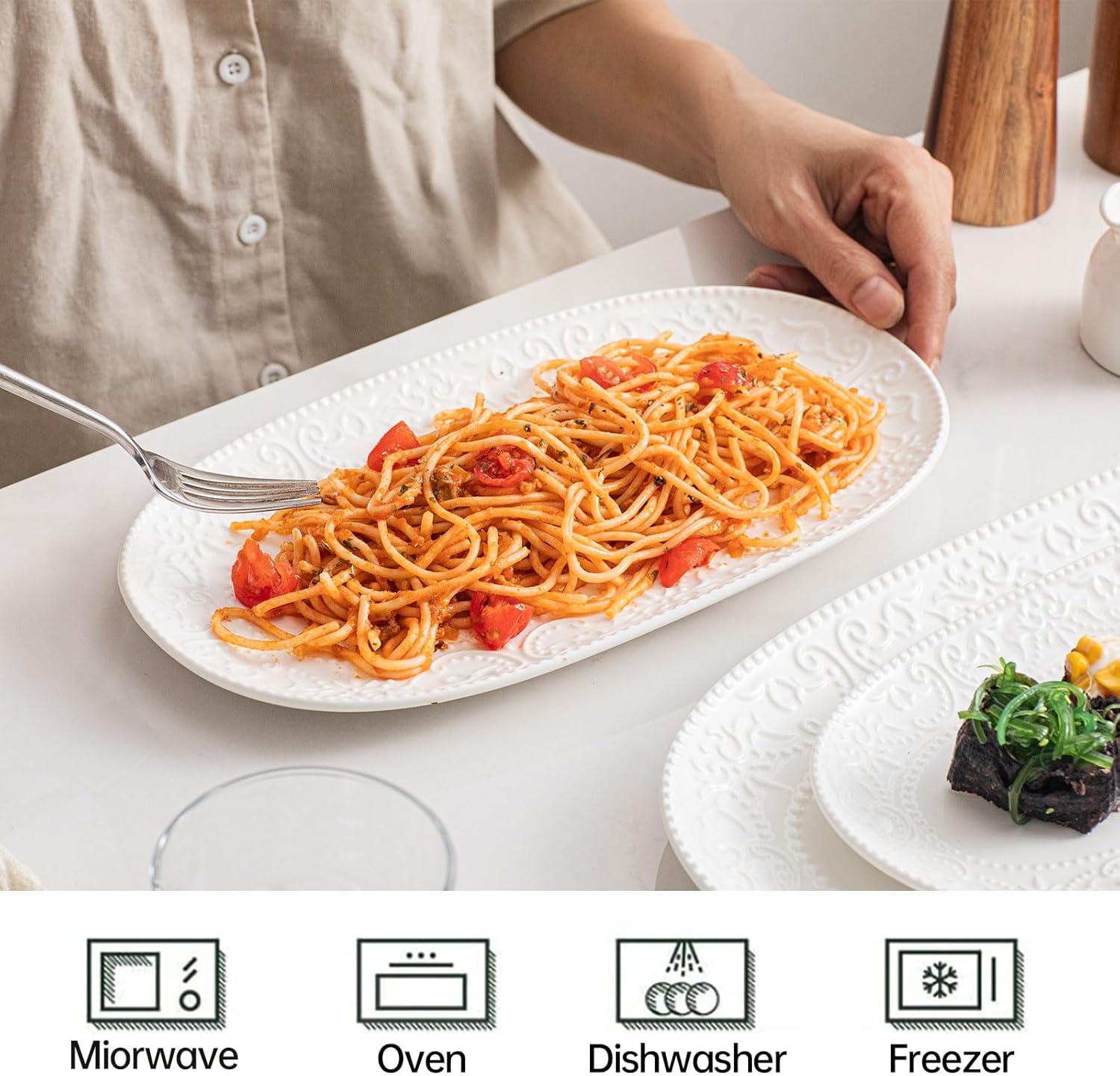 Oval Serving Platter, 14"/12"/10" Ceramic Serving Platters, Embossed White Serving Plates, Stackable Porcelain Tray for Appetizer, Dessert, Pasta, Sushi, Oven Dishwasher Safe, Set of 3, Family Dining - Image 2