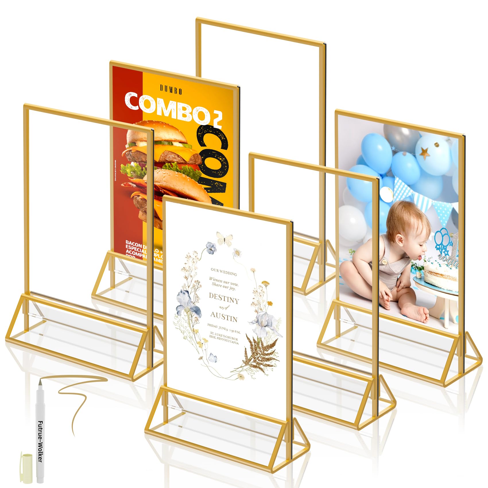 futrue-wolker Aufsteller A5 Gold,Doppelseitige Bilderrahmen A5, 2St Acryl Tishkartenhalter Tischnummern-Aufsteller Golde für Hochzeit Tischdeko,Schicker Flyerständer Kartenständer