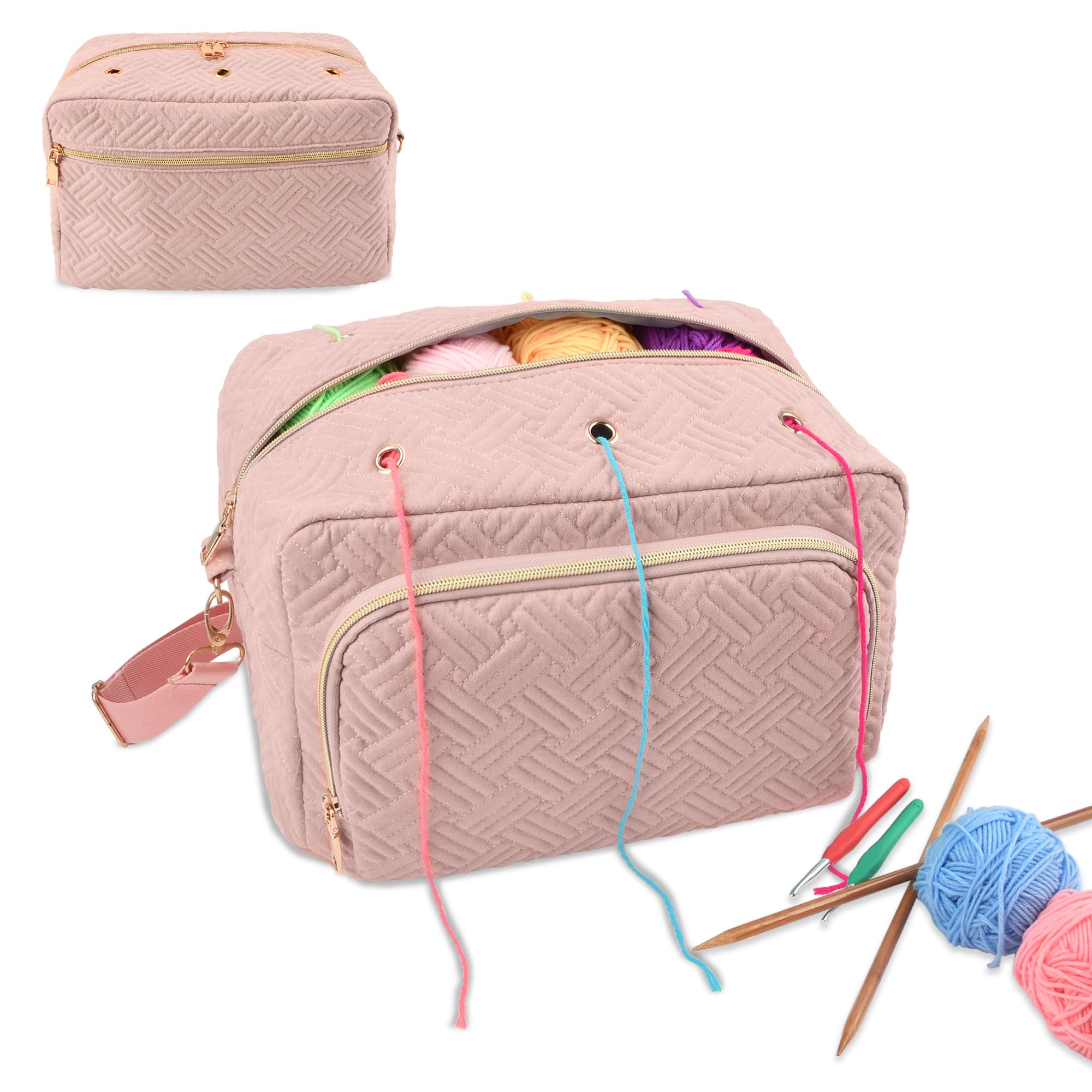 Crochet Bag Organizer, Yarn Storage Organizer, Yarn Holder for Crochet with Adjustable Shoulder Straps, Knitting Bag for crocheting, Crochet Hook Case Gifts for Crocheters (Pink)