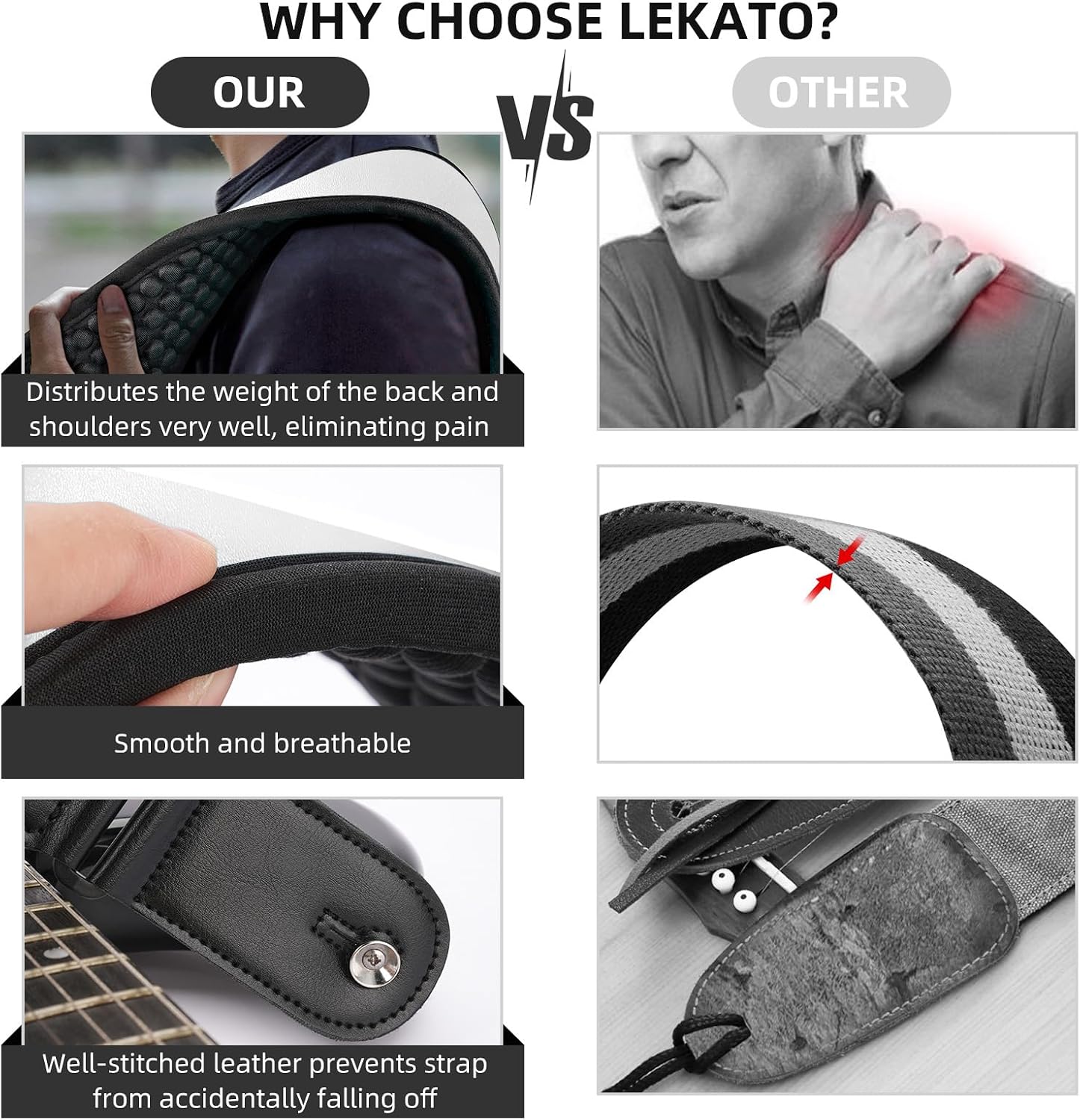 LEKATO Guitar Straps for Electric Guitar & Bass, 3.5" Wide Padded Guitar Strap Neoprene Pad with 3D Sponge Filling Bass Guitar Straps Adjustable Length from 45" to 55" with Strap Locks, Picks, White