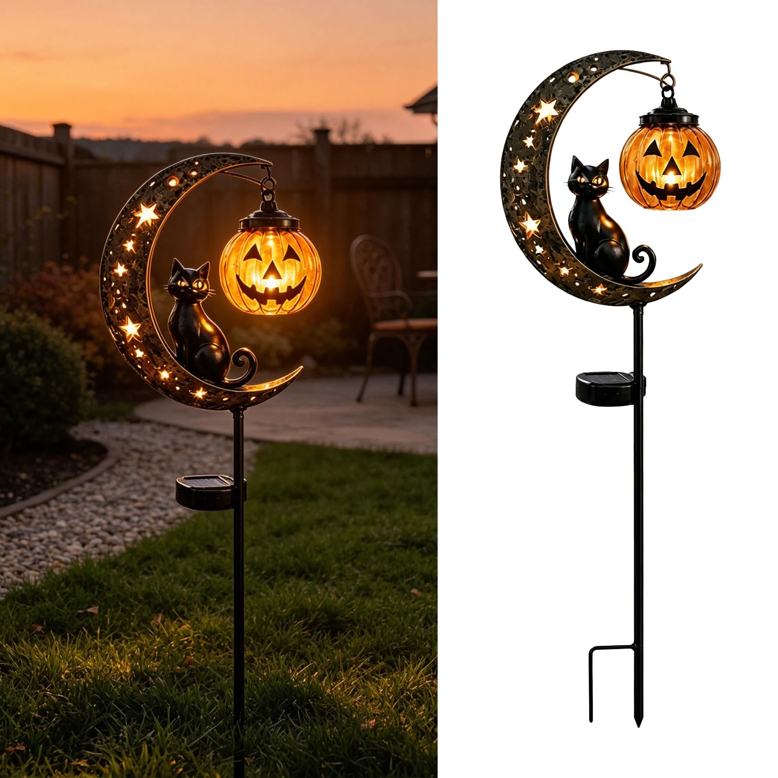 NRGQAXM Pumpkin Moons Garden Stake Light, Solar Pumpkin Stakes Halloween Witch Garden Light Solar Halloween Cats Pumpkins Moons Gardens Stake Lights Yard Stakes Outdoor Halloweens Decorations