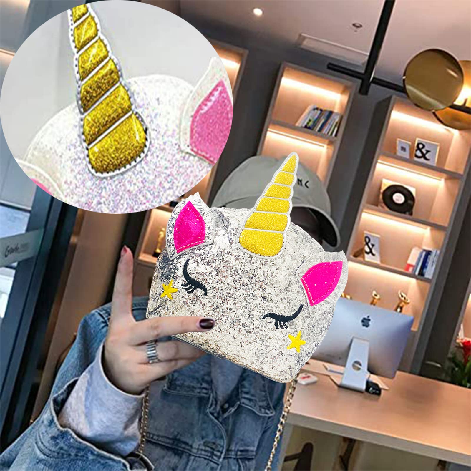 Borsa a Tracolla unicorno, Borsa Unicorno Bianco, Simpatica borsa a tracolla con unicorno, Adatta per Rossetto, Cosmetici, Pettine, Fazzoletto e altri Piccoli Cosmetici (D'argento)