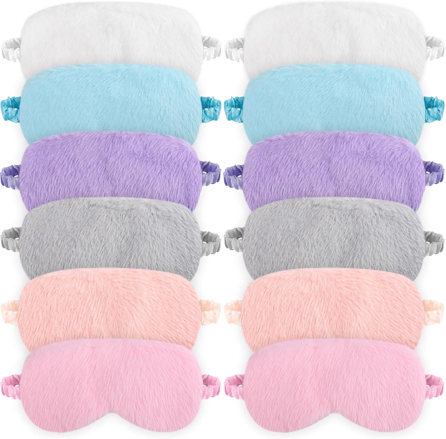 12Pcs Plush Eye Mask,Furry Sleep Masks,Soft Sleeping Blindfold with Elastic Strap & Satin Back,Faux Fur Eye Covers Night Eyeshade for Girls Women Sleep Travel Nap Sleeping,6 Colors