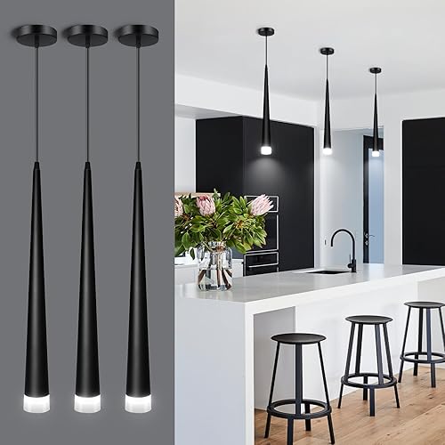 OKELI Lámpara colgante LED negra, modernas luces colgantes cónicas regulables, iluminación colgante minimalista para isla de cocina, comedor,