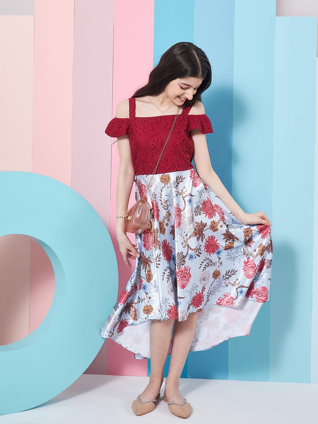 Pspeaches Mädchenkleid mit Blumenmuster, schulterfrei, Satin, ausgestellt, violett, mühelos stilvoll und elegant