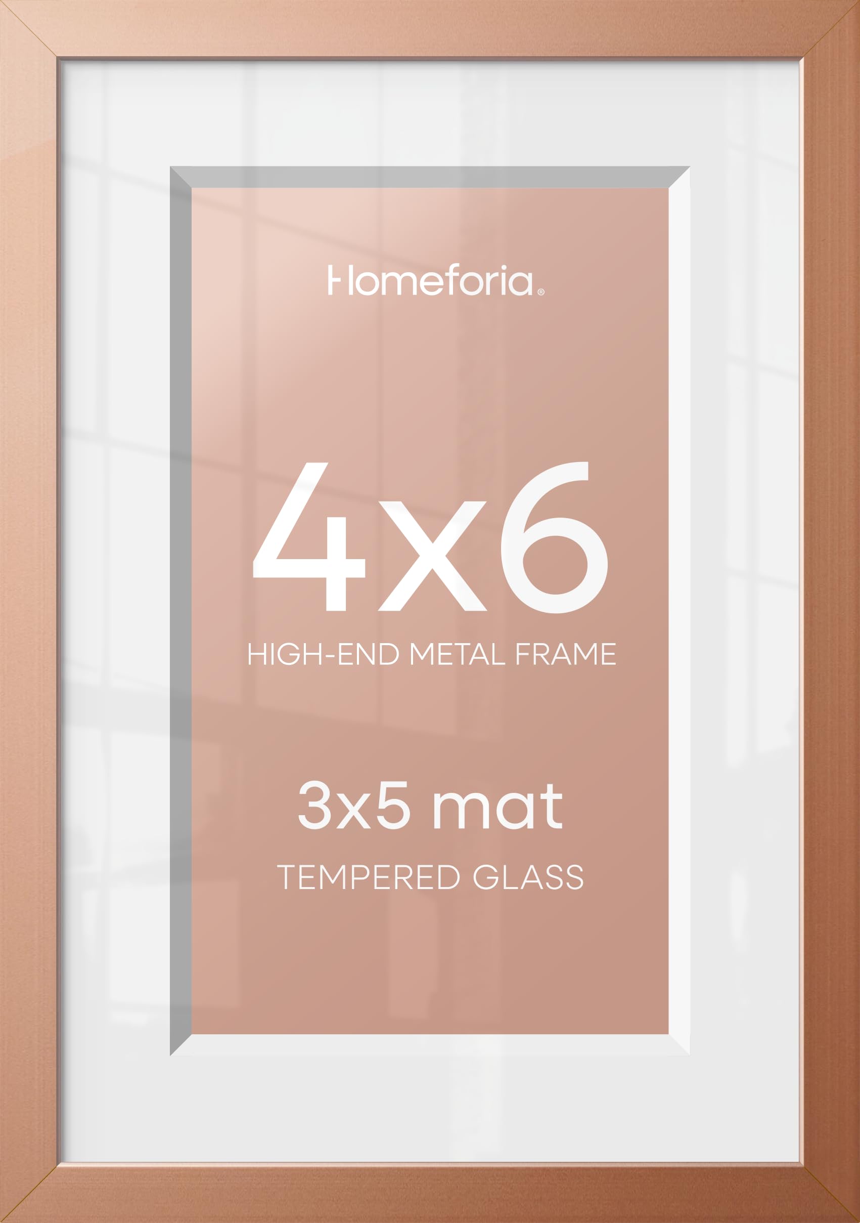 Homeforia 4x6 Rose Picture Frame, High-End Metal, 3x5 Mat, Glass | High End Aluminum, Tempered Glass, Acid-Free 3x5 Removable Mat, 4x6 in Edge-to-Edge Display 6x4, Wall Kit, Set Of 1