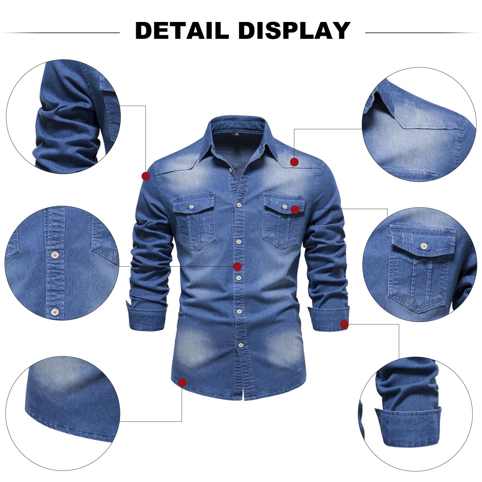 HOTIAN Camisa Vaquera de Manga Larga para Hombre, Ocio y Negocios, Regular, Entallada, Azul Medio, L