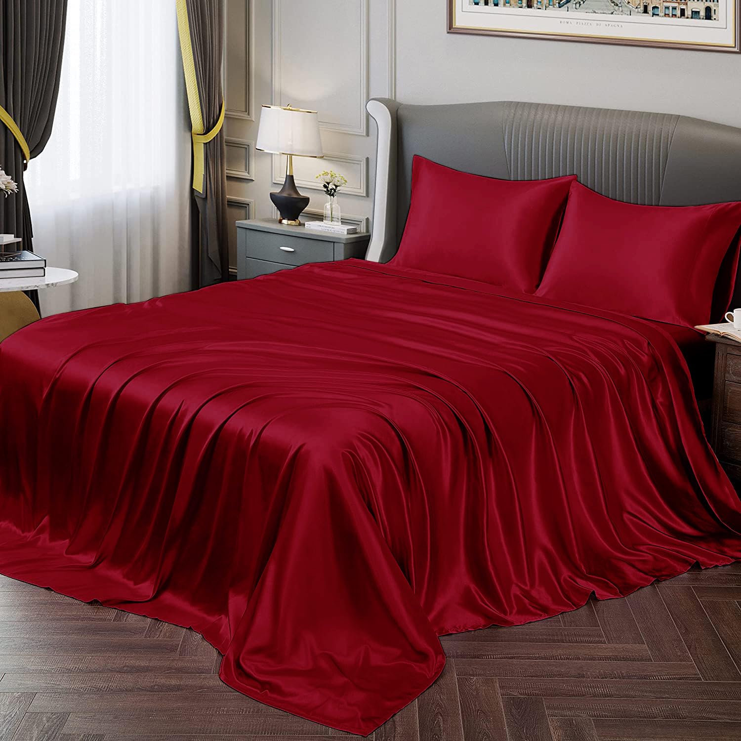 Cloth Fusion Satin Bedsheet for Queen Size Bed, Perfect for Romantic Night, Excellent Gift for All Celebrations, Set of 1 Satin Sheet 90"X100" & 2 Pillow Covers (Crimson Red) (B0C9LWYDMH) Amazon Price History, Amazon Price Tracker
