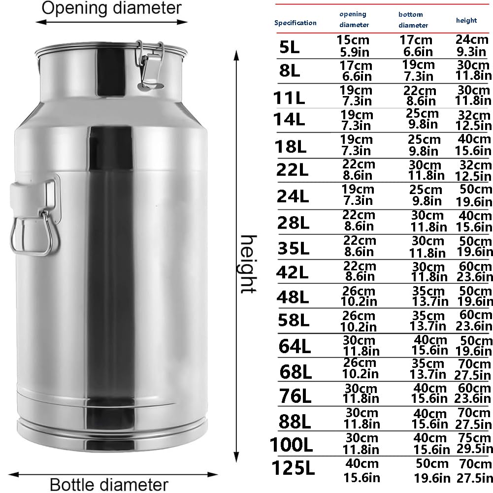 HEFJIAYCIQ Milk Cans, Stainless Steel Milk Transport Silicone Seal Barrels, Metal Bucket Container for Wine Water Rice Cereal Grain for Kitchen Restaurant,Silver,64L/16.8Gallon