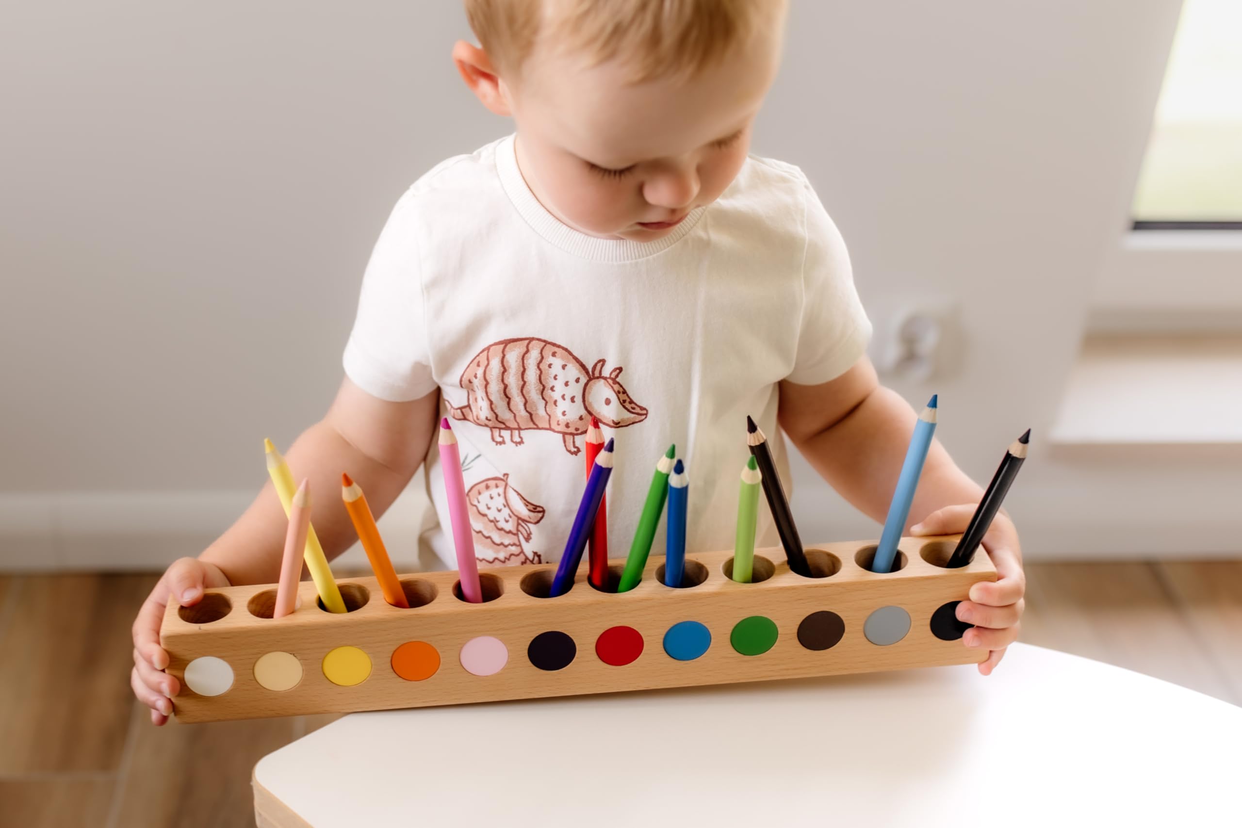 Montessori Schreibtisch Organizer Kinder - Stiftehalter Holz - Stifte Organizer - Stiftebox Holz - Organizer für Bleistifte mit 12 Farbkennung