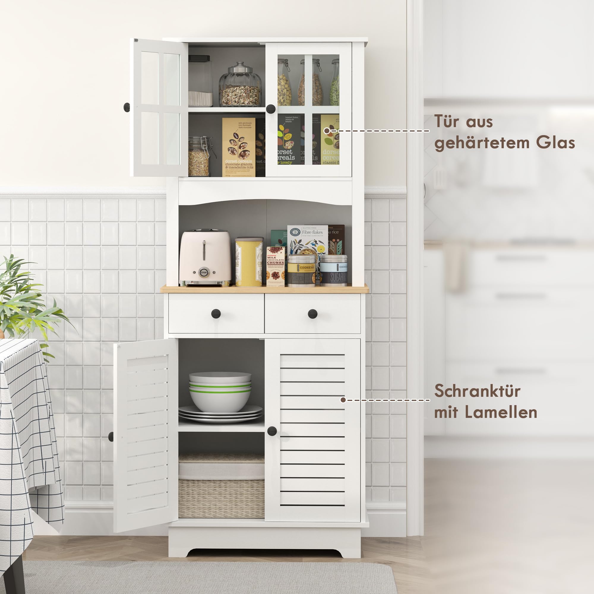 HOMCOM Küchenschrank, Hochschrank mit 2 Schränken, Küchenbuffet mit verstellbaren Ablagen, Buffetschrank, Esszimmerschrank für Küche, Esszimmer, 68 x 39,5 x 170 cm, Weiß