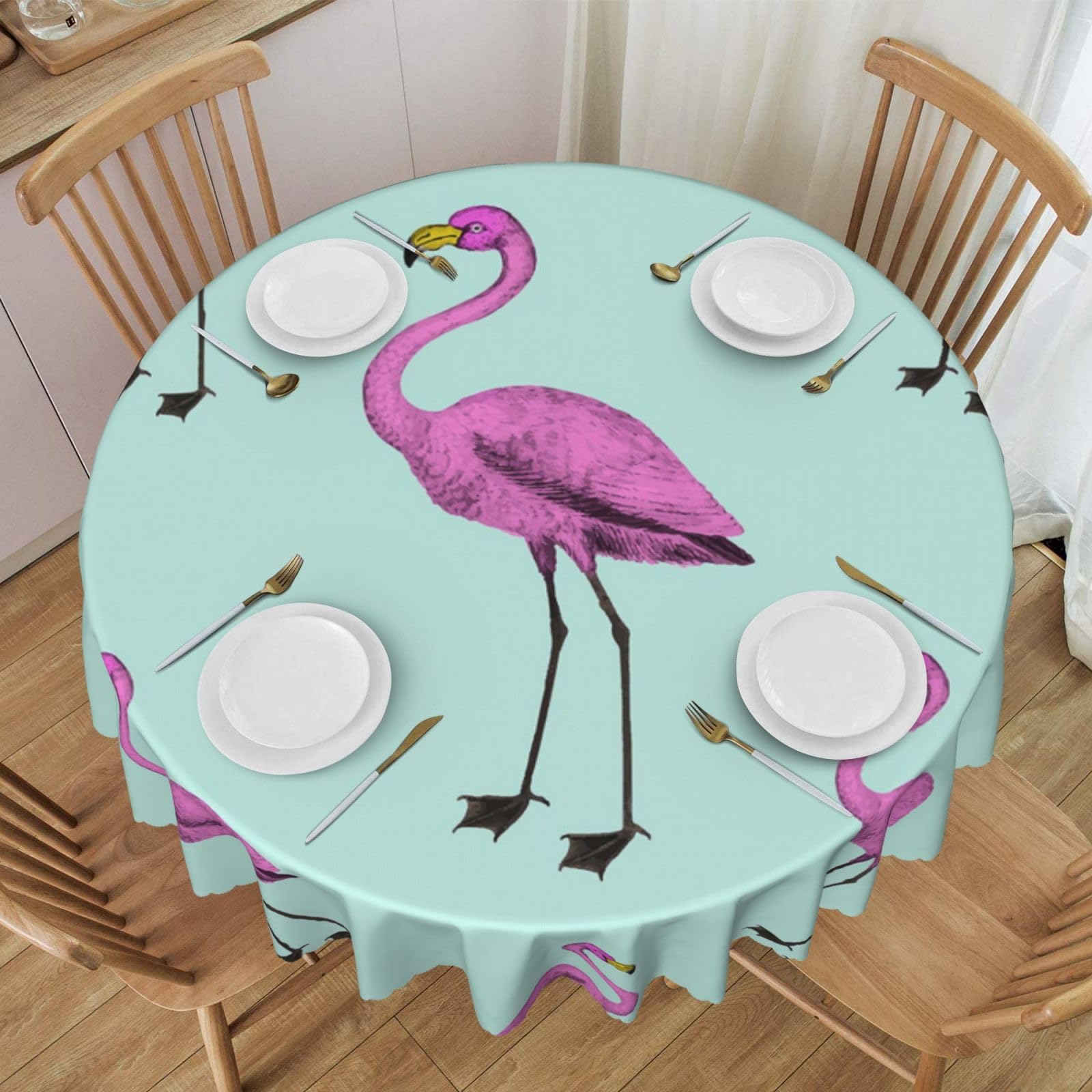 DCEHGEW 60 In Round Tablecloth with Lace, Tropical Flamingo Printed Oilproof & Washable Fabric Picnic Table Cloth Table Covers