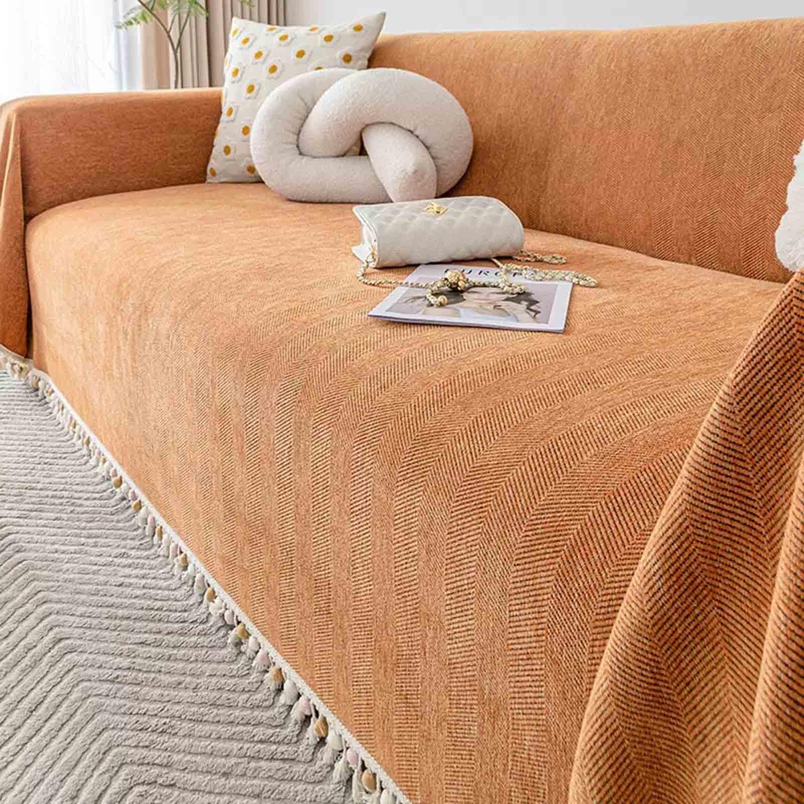 Racib Orangecolor Extra Large Chenille Sofa Throws - 3/4 Seater, Non-Slip For Couch, Armchair, Bed - Orange - 180X340cm