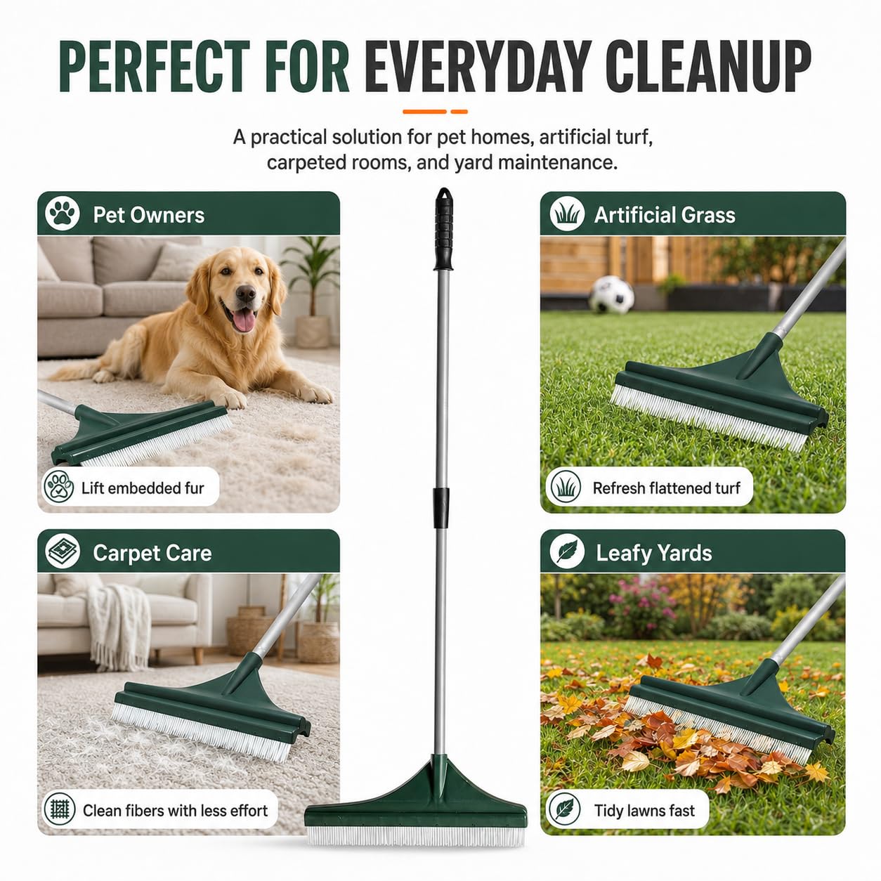 Rastrillo Multifuncional para Césped y Alfombras, Cepillo para Césped Artificial con Mango Telescópico Ajustable, Cepillo Manual para Terraza, Alfombras, Pelo de Mascotas y Jardín (2 PCS)