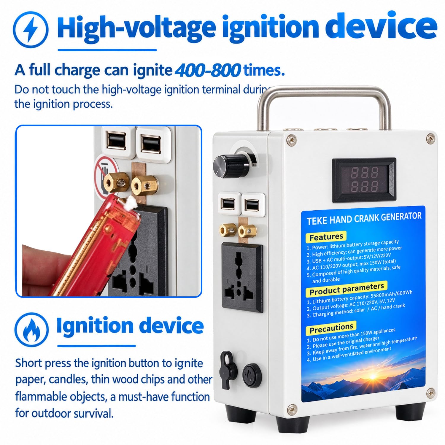 Estación de energía de Respaldo para emergencias, generador Manual Recargable por manivela con Toma de CA y Puertos USB duales, para Suministro de energía en Exteriores. 27AH/200W-110v
