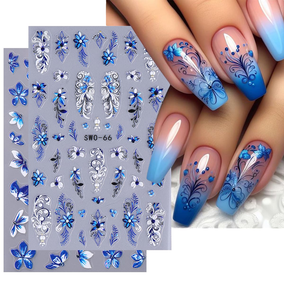 2Pcs 3D Embossed Flower Nail Stickers for Nail Art Self Adhesive Flowers Nail Art Stickers Blue spring Summer Lily Floral Nail Decals Nail Geometric