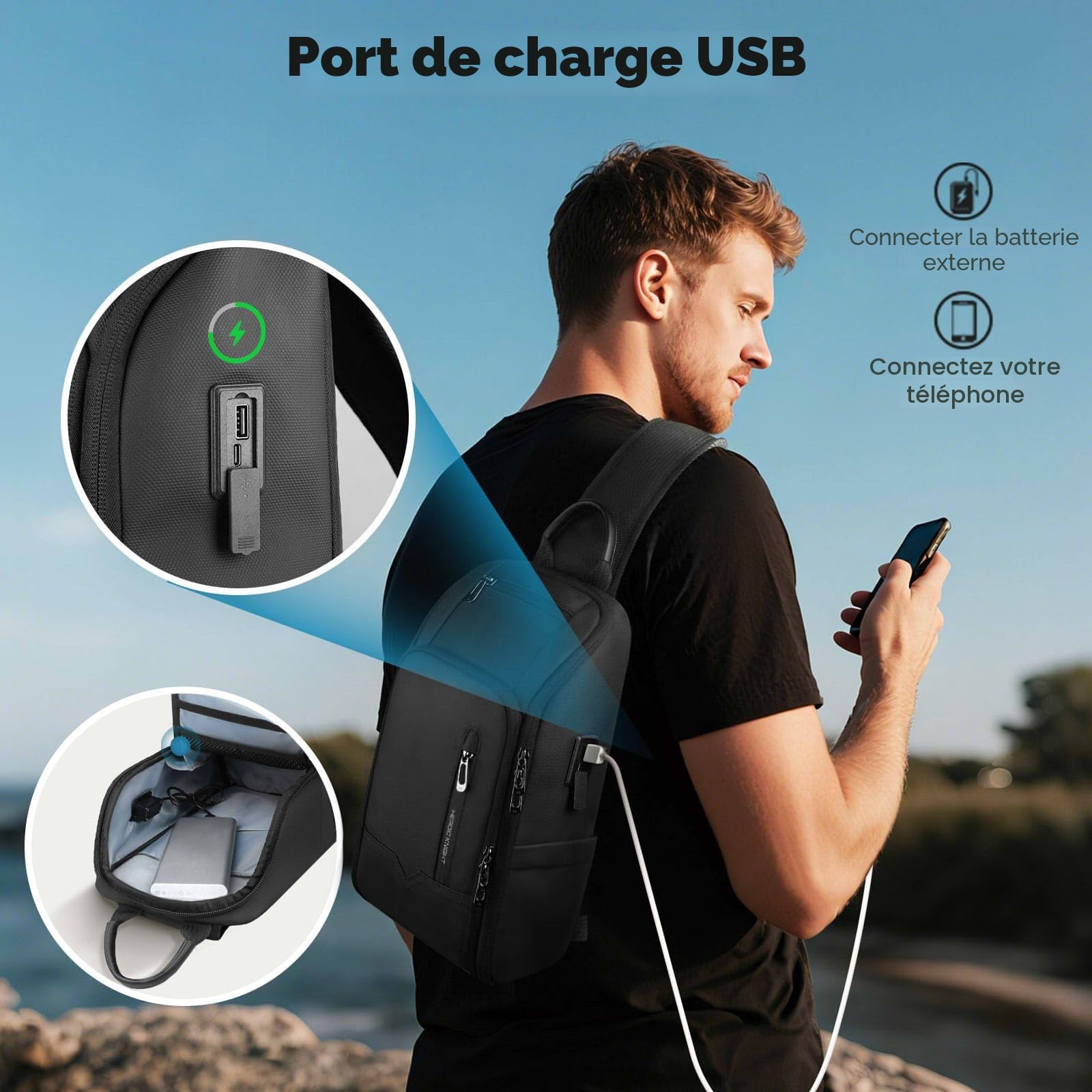Sac Bandoulière pour Homme avec Port de Chargement USB, Antivol et étanche, Sac de Poitrine, Sac à dos à Bandoulière avec Multiples poches pour Voyages travail et Quotidien – Noir