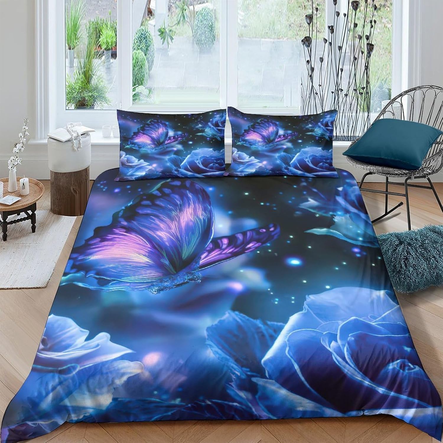Funda Nordica Cama 135/150 Mariposa Ropa de Cama 3D Rosas Azules 3 Piezas Suave Transpirable Microfibra Funda Nórdica 240x220 cm y 2 Fundas de Almohada 50x75 cm C.2522