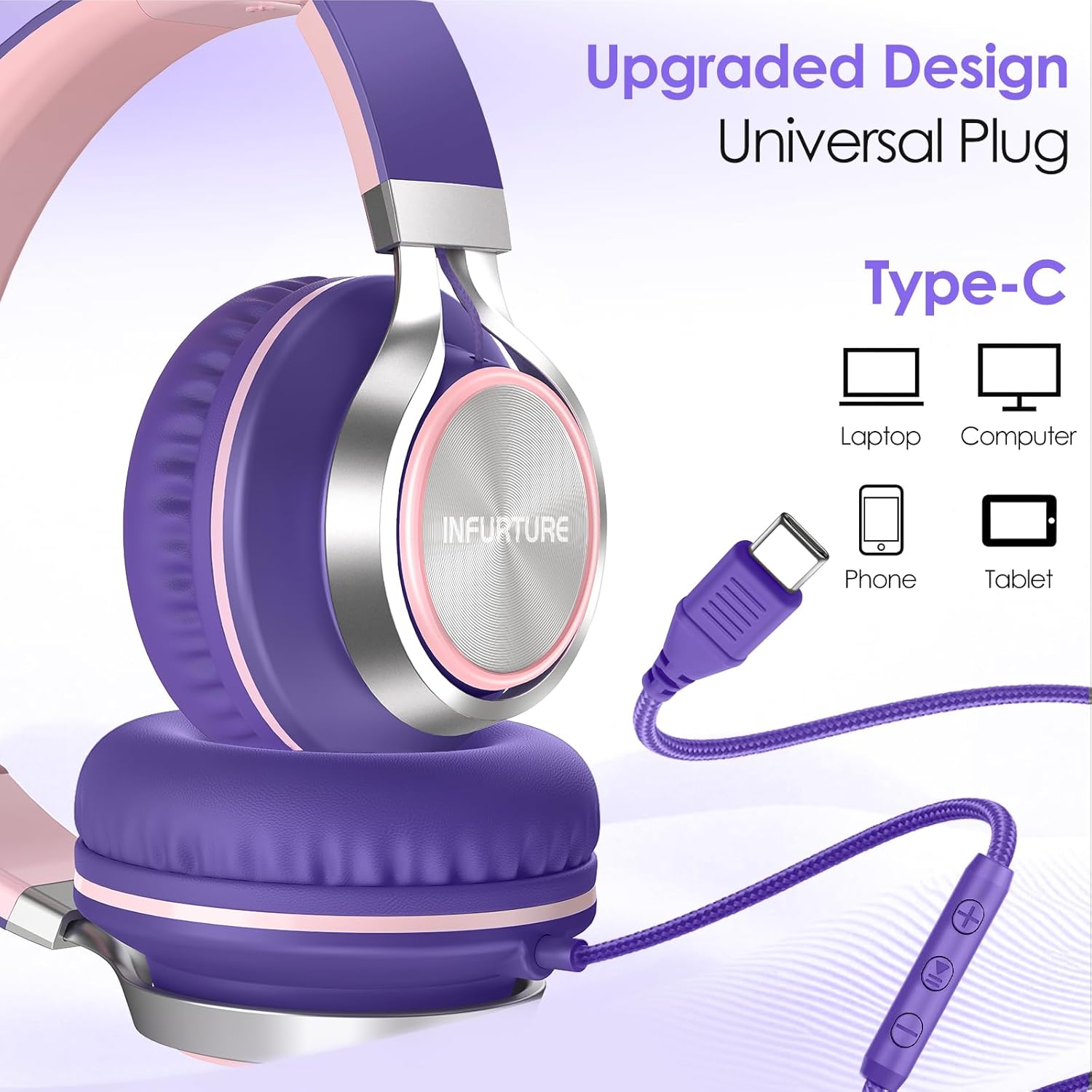 INFURTURE USB C Headphones with Mic,Volume Control,Tangle-Free Plaiting Line,Wired Headphones Type c,Lightweight Foldable for iPhone 17/16/15 Headphone Series/Tablet/School/Travel/Sports/Audiobooks
