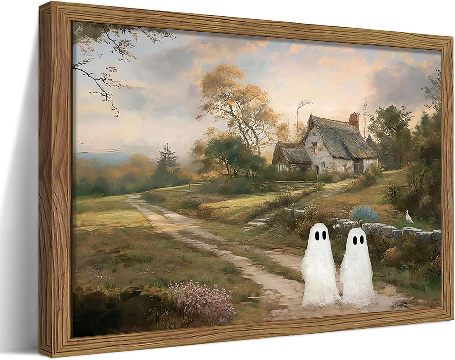Vintage Landscape Ghost Wall Art, Country Halloween Gothic Cute Ghost Wall Decor Paintings, Retro Farmhouse Rustic Posters Prints Pictures for Living Room Bedroom Home Decor 16x24 Inch Wood Framed Retro Ghost Framed 24"L x 16"W