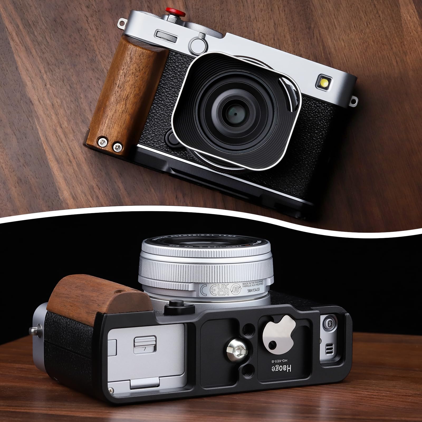 Haoge X-E5 HG-XE5-B Poignée en bois pour appareil photo Fujifilm XE5 Poignée en forme de L avec plaque de dégagement rapide Arca-Swiss System Trépied supplémentaire 1/4 trou Noir