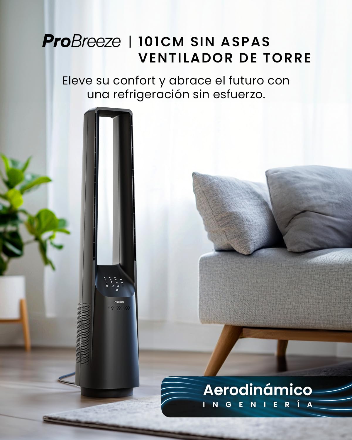 Pro Breeze Ventilador de Torre silencioso sin aspas de 101 cm con 6 velocidades y Mando a Distancia – Oscilación 60º, 5 Modos, Temporizador – Ventilador Grande y portátil para el hogar y la Oficina