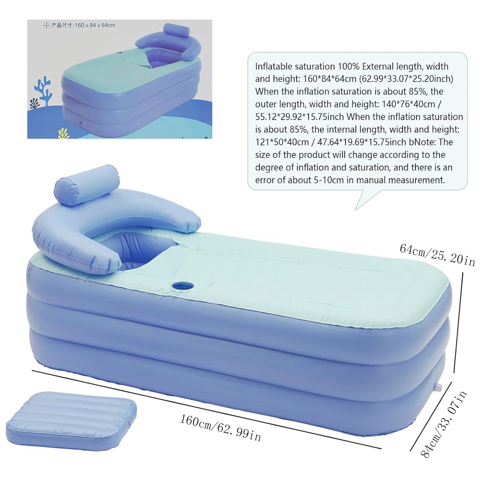 Aufblasbares Bad – Aufblasbare Badewanne für Erwachsene, PVC, faltbar, mit integriertem Kissen | faltbare Badewanne, Badzubehör für Frauen, Mädchen, , Jugendliche, , Herren, Mädchen