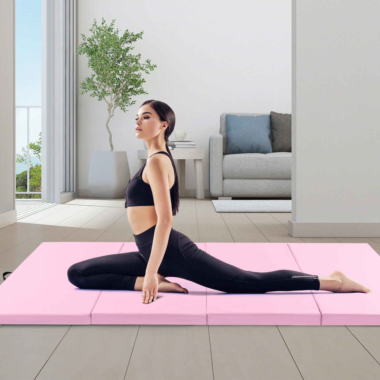 FANTASK Gymnastikmatte klappbar, 300 x 120 x 5 cm, Weichbodenmatte aus PU mit Tragegriffen & Kletterverschluss, Yogamatte, Fitnessmatte für Gymnastik, Yoga (Hellrosa)