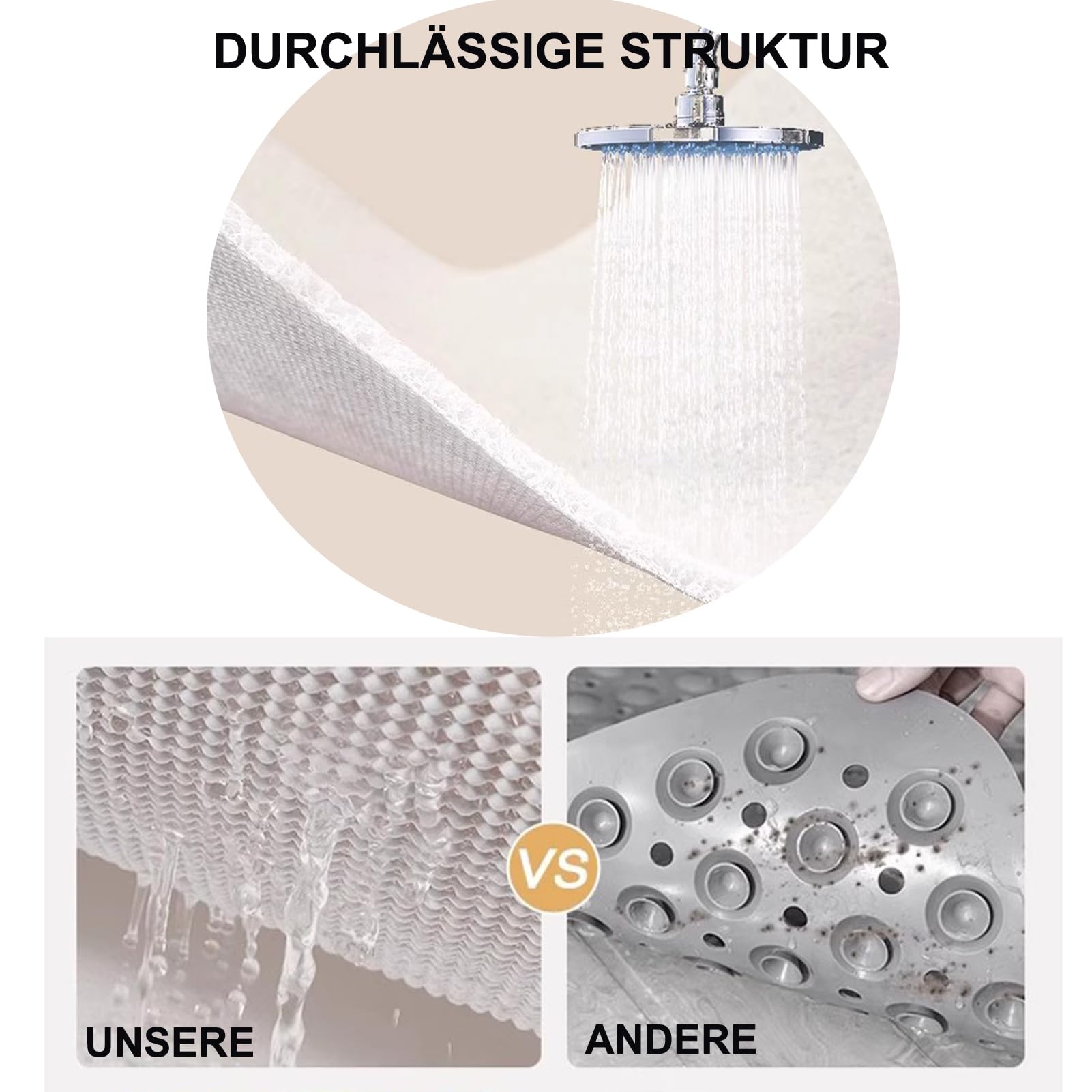 Badematte rutschfest 120X140 cm Strand Meer Wellen Duschmatten PVC Luffa Duschvorleger Weich mit Ablaufloch ohne Saugnäpfe für Duschkabine und Nassbereiche