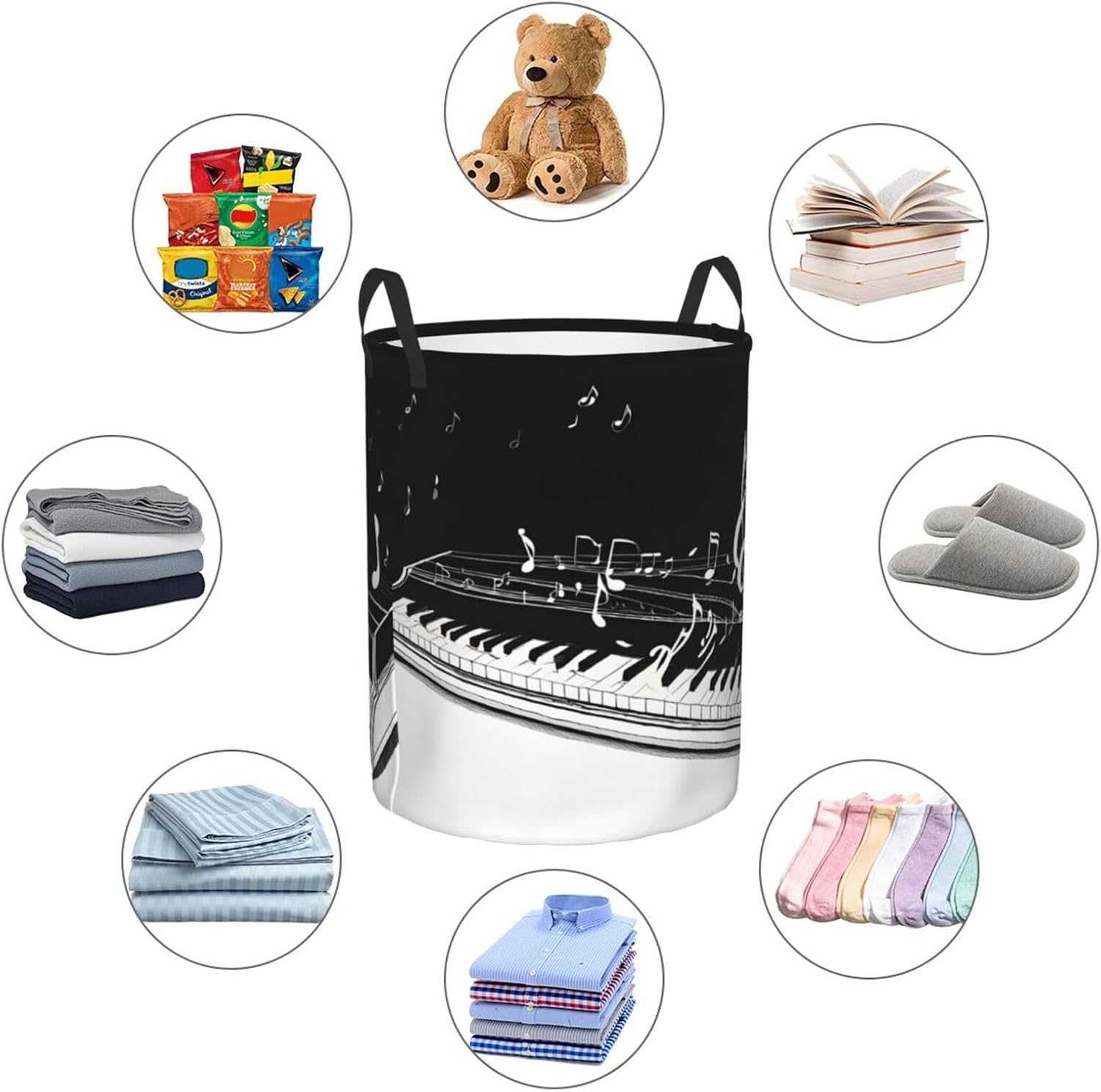 (Black White Music Note) Collapsible Circular Laundry Hamper Waterproof Oxford Fabric Clothes Basket with Handles Foldable Storage Bin for Bedroom Bathroom Dorm Toy Towel Blanket Organizer Small image 5