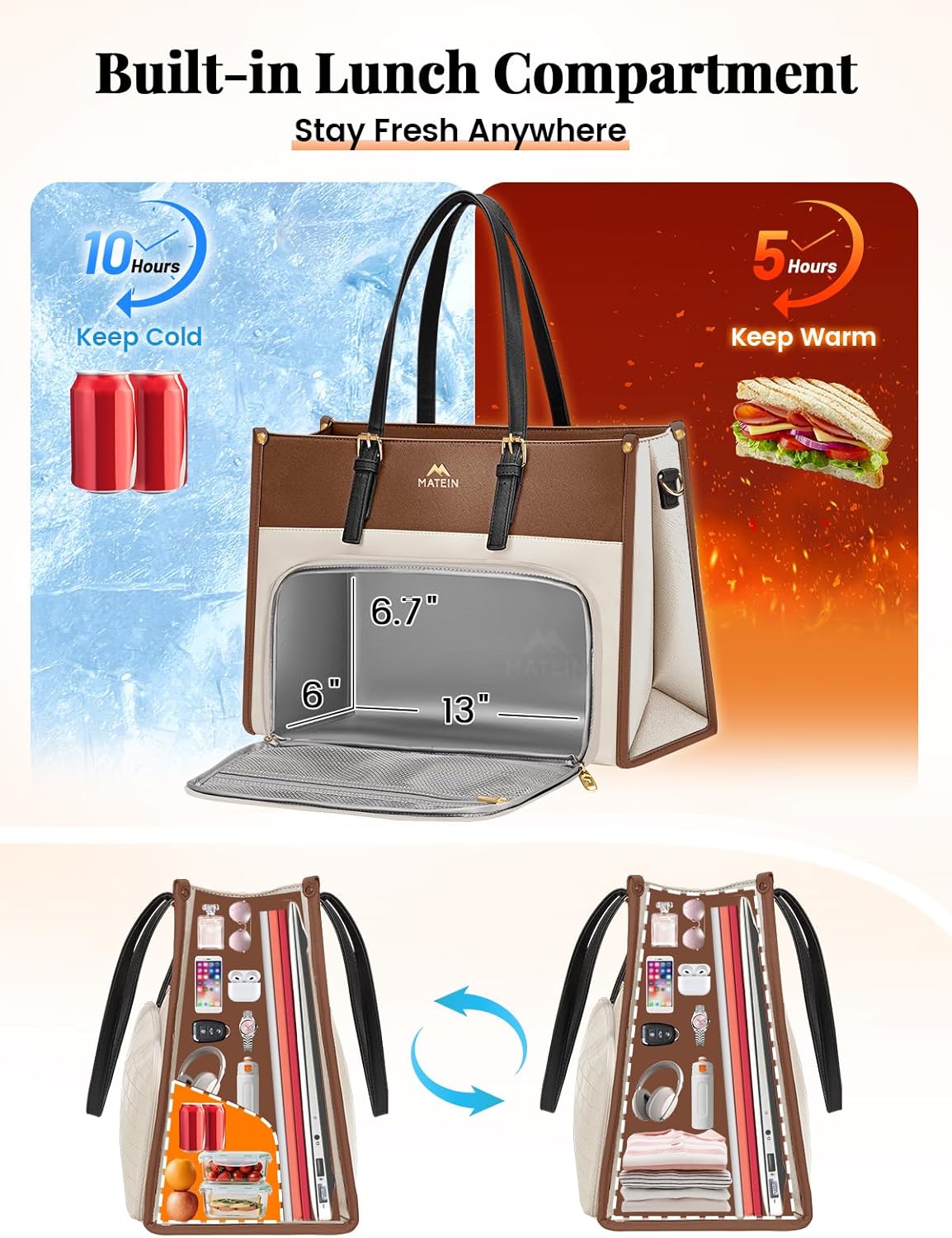 MATEIN Laptop Tote Bag with Insulated Lunch Compartment for Women, PU Leather 2 in 1 Work Briefcase with Clutch Fits 15.6 Inch Laptop, Convertible Professional Shoulder Bag for Office Business, 2 Sets