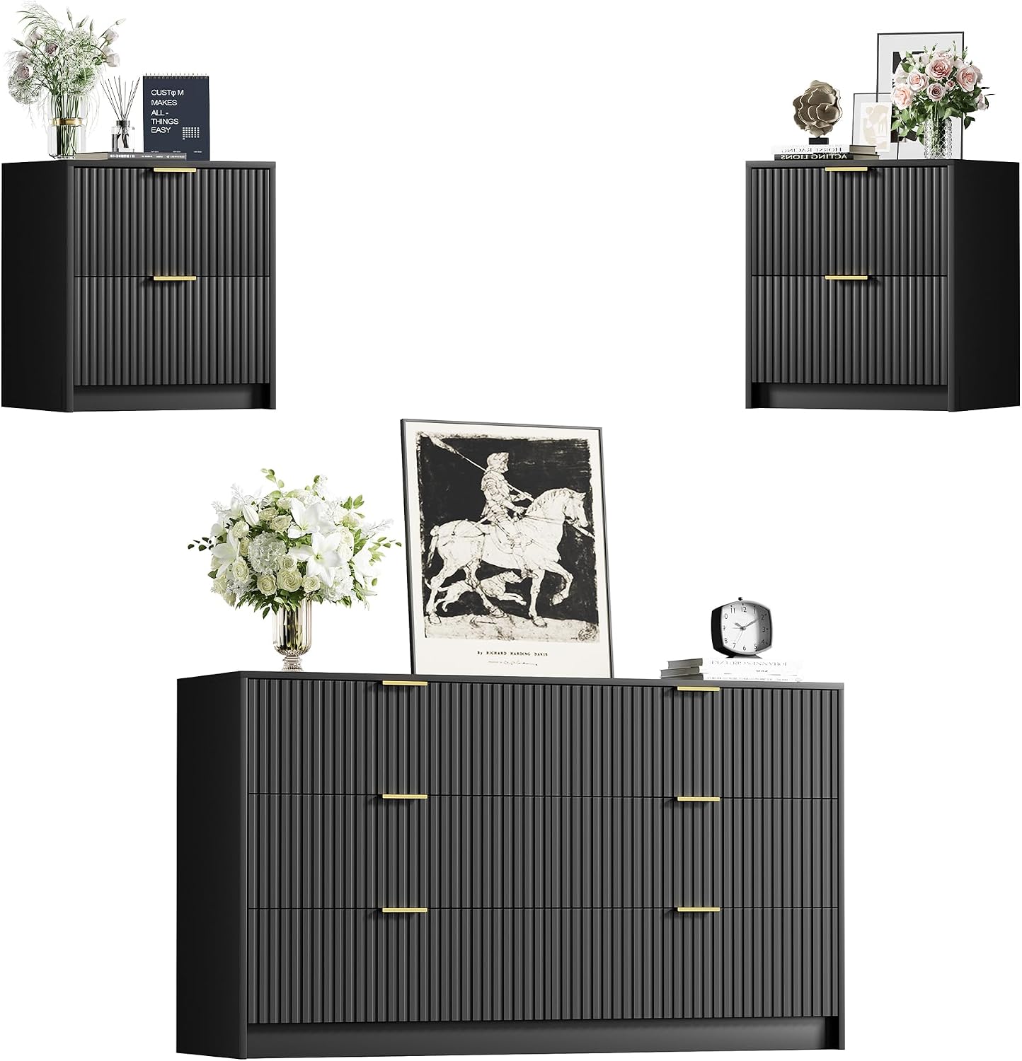 3 Piece Modern Bedroom Set, 6 Drawer Dresser with 2 Nightstands, Black