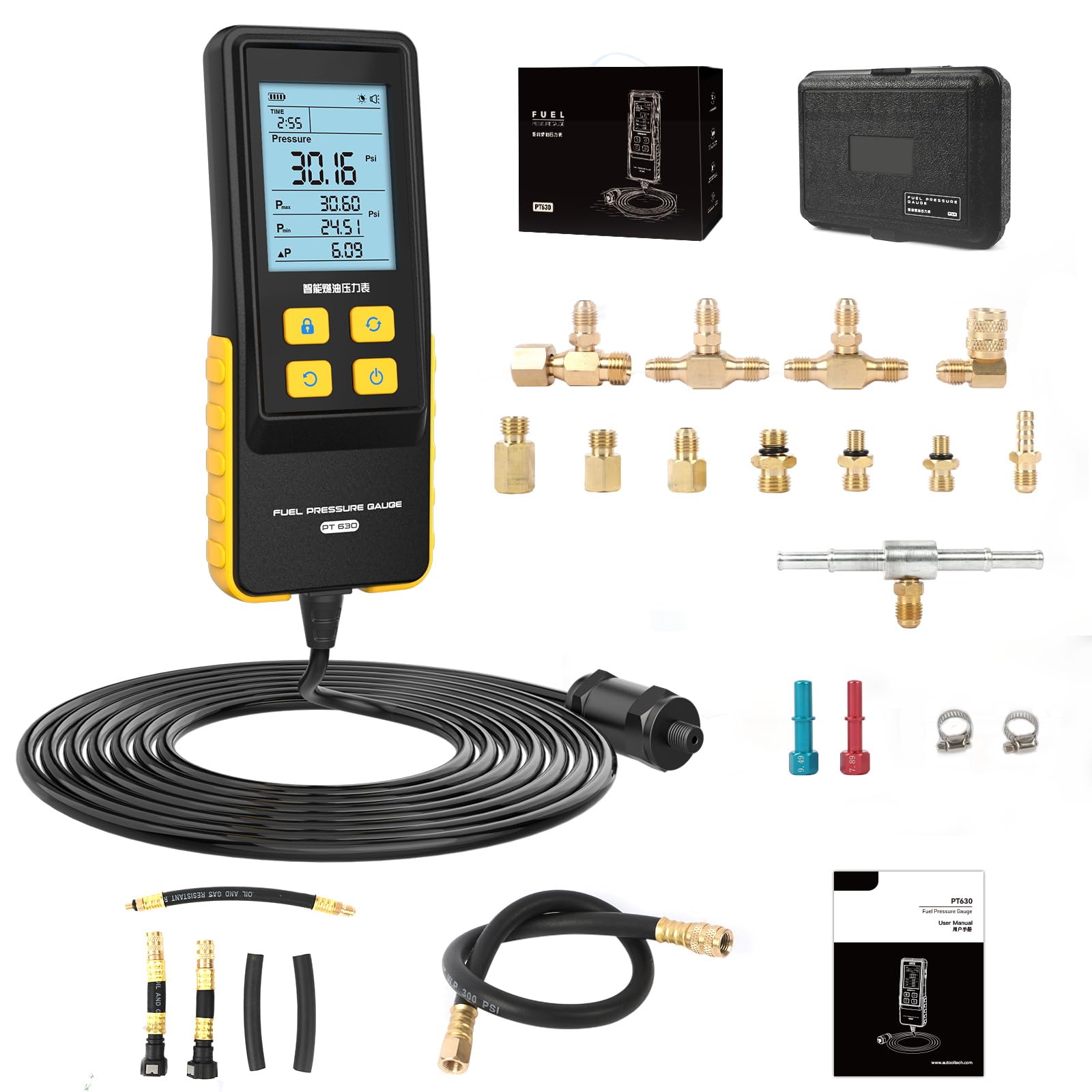 PT630 Digitaler Kraftstoffdruckprüfer Test-Kit, 0-29 Bar (0-426 PSI), 2.8" HD LCD Display, Mehrere Einheiten (PSI/Bar/kg/cm²), 11 Adapter, für Benzin Diesel Kfz