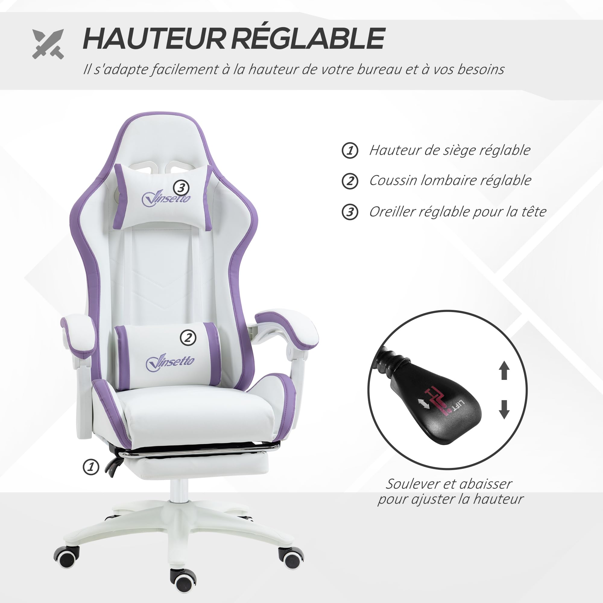 Vinsetto Chaise Gaming Ergonomique Repose-Pieds Télescopique Blanc
