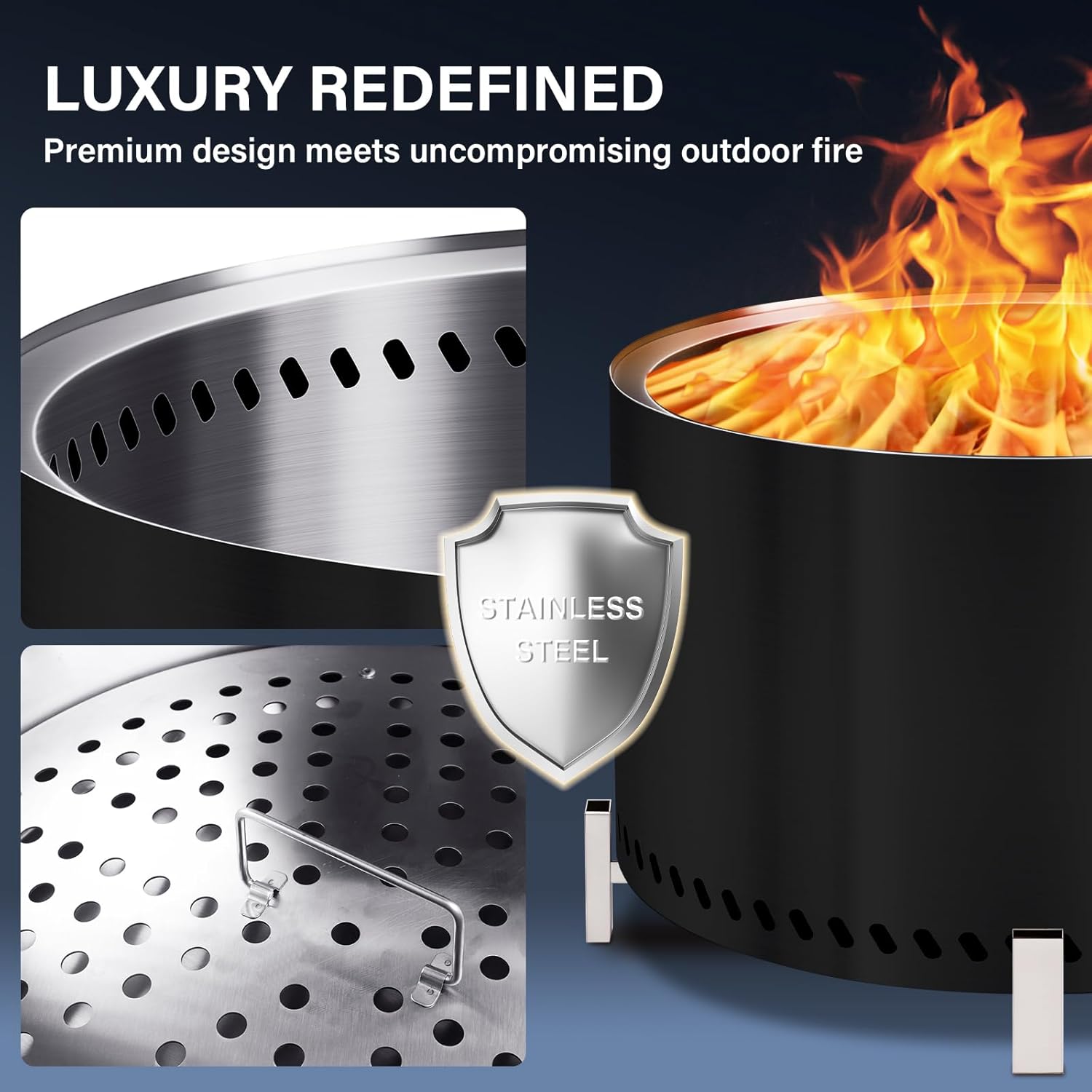 HGD 28" Smokeless Firepit with Stand, Large Stainless Steel Wood Burning Fire Pit for Friends & Family Gatherings, Secondary Combustion Outdoor Patio Stove for Garden BBQ & Bonfire (Black)