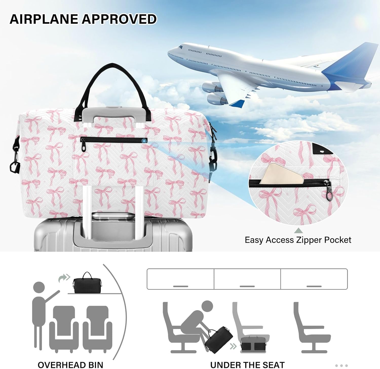 Weekender Bags Travel Duffel Gym Bag Carry on Overnight Tote Bag with Toiletry Bag for Airplane Travel Trip Gym Yoga (Pink Bow 61) - Image 5