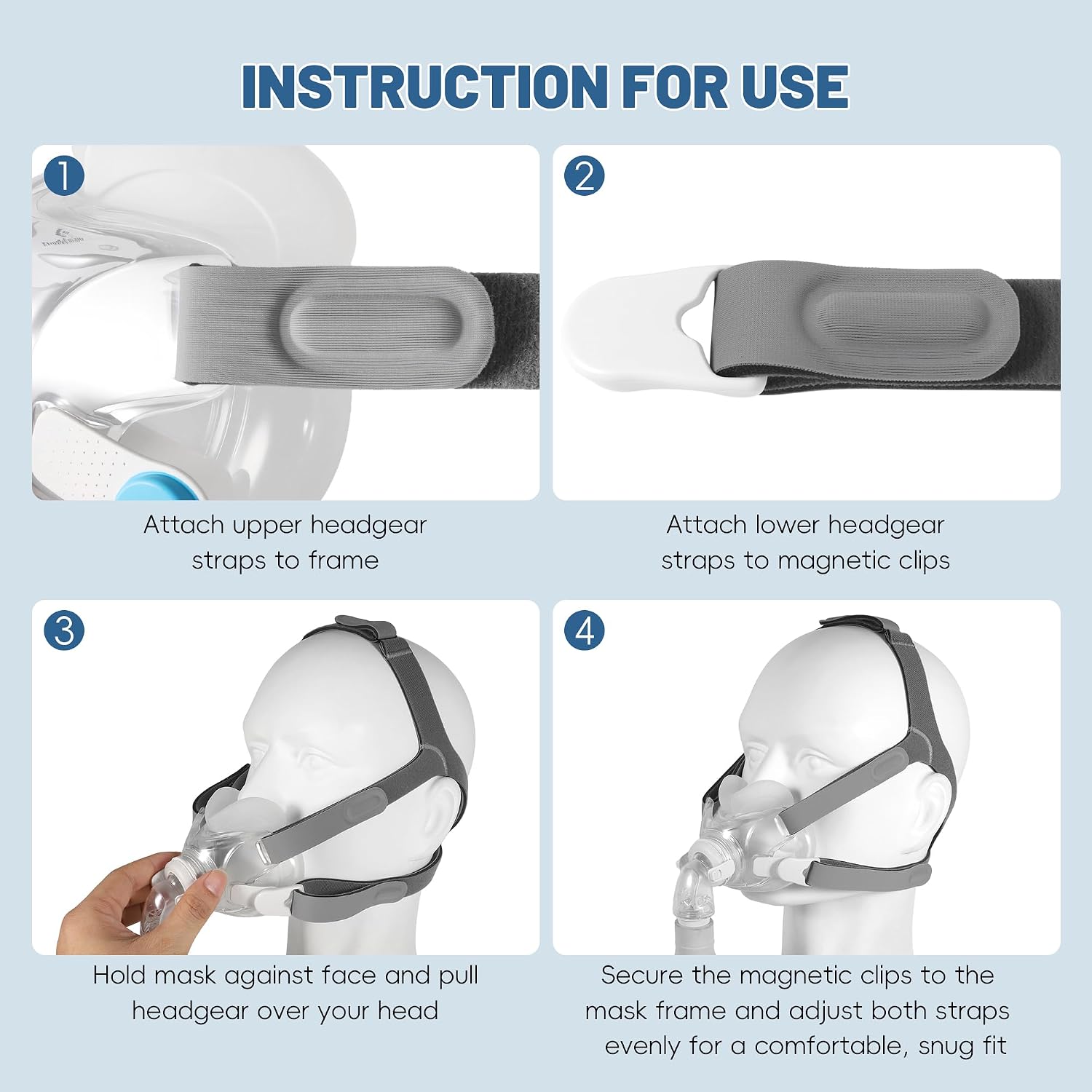 Replacement F30 Headgear Compatible with AirFit F30 Full-Face Mask, Comfort Adjustable Head Strap with Magnetic Clips, No Red Mark for Overnight Wear, 2 Pack Headgear & 2 Pairs Clips