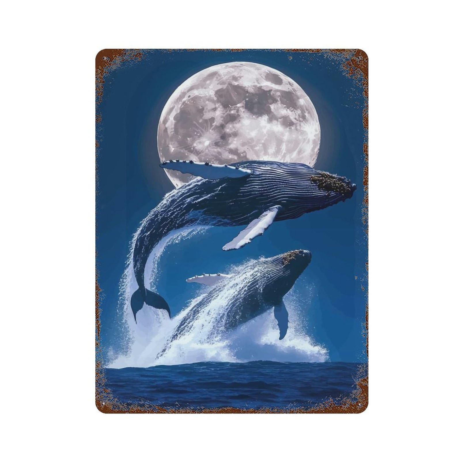 Rust Effect Whales Breaching Under The Moonlight Vintage Rust Metal Sign 15.7"x11.8", Farmhouse Wall Decor for Basement, Hobby Room And Garage Decor