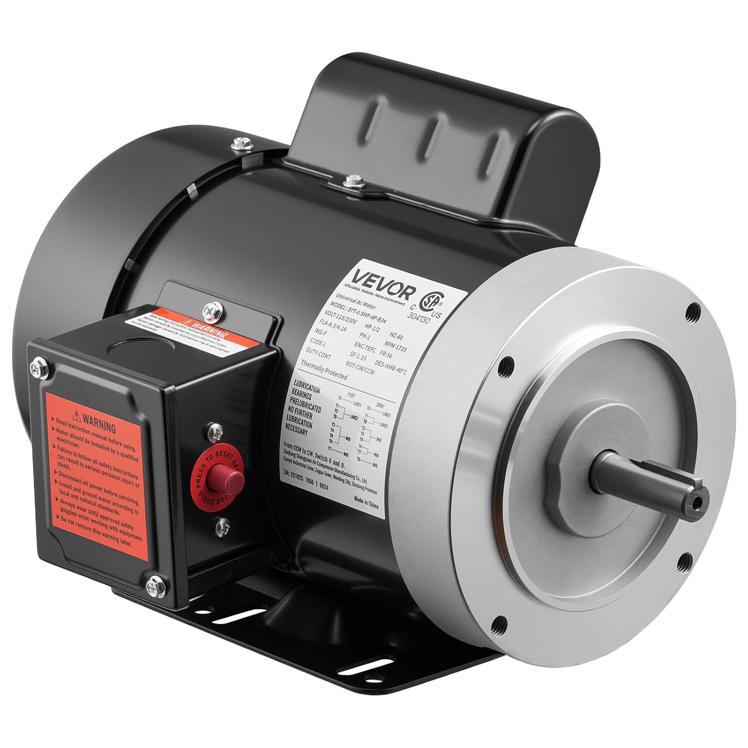 VEVOR 0.5 HP 1725 RPM Electric Motor for Air Compressors - CW/CCW Rotation, 56 Frame, 115/230V TEFC Single Phase