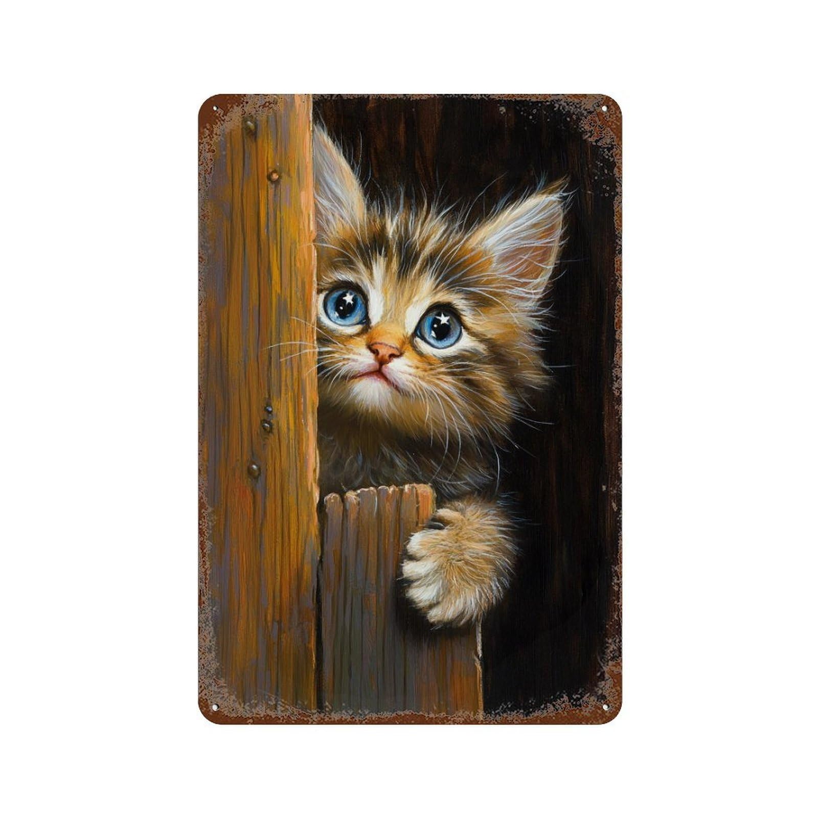 Weathered Tin Sign Curious Kitten Peeking 11.8"x7.9", Novelty Wall Decor for Basement, Hobby Room And Garage Decor