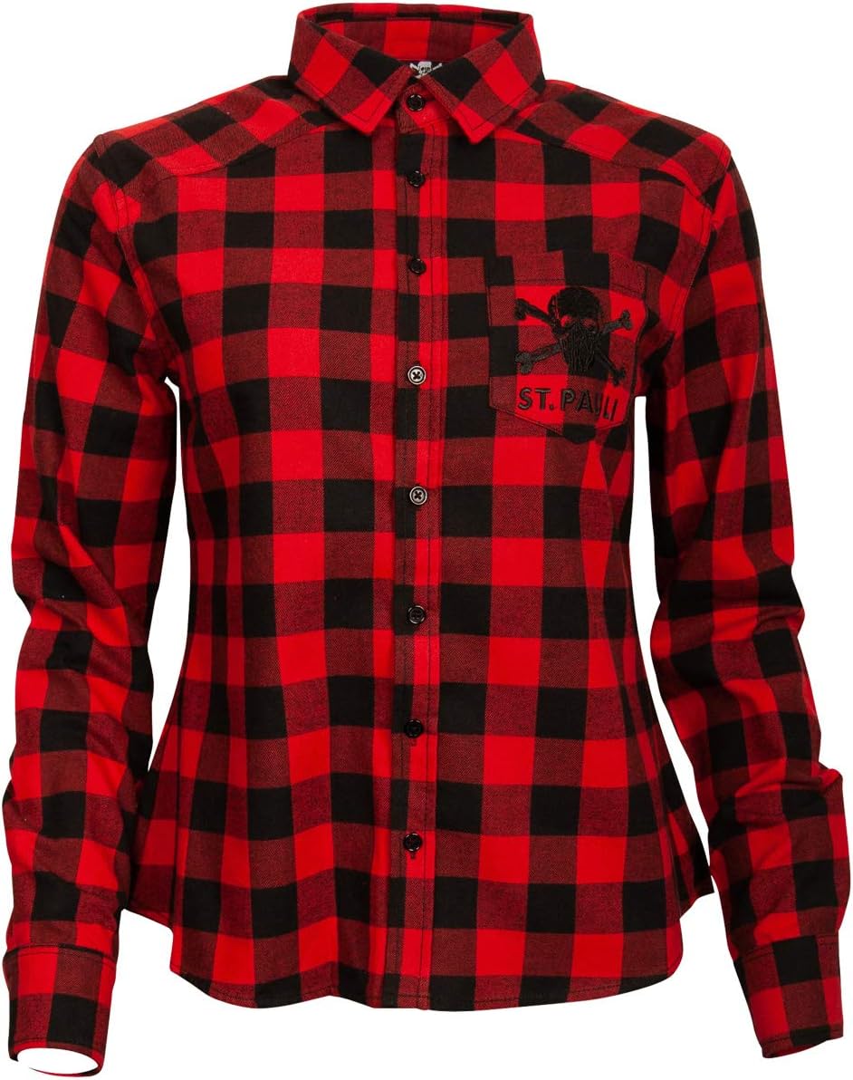 FC St. Pauli Women's Flannel Shirt Casual Shirt Blouse Black Red Checked