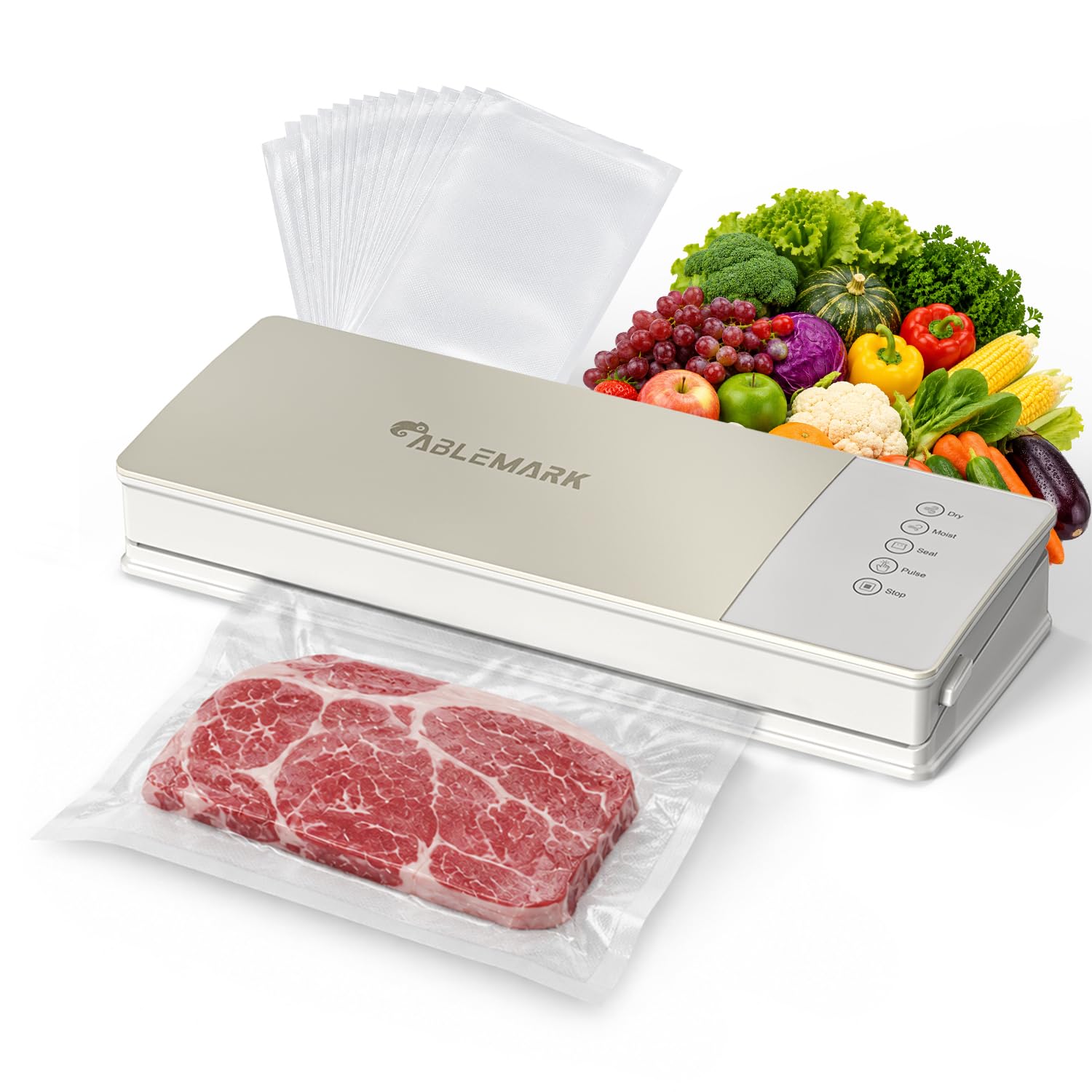 Envasadora al Vacío Doméstica, Seco y Húmedo, Línea de Sellado de 3 mm | Selladora al Vacío 30 cm, Pulse para Alimentos Delicados, Tubo para Recipientes Compatibles, 10 Bolsas Gofradas, Oro Rosa